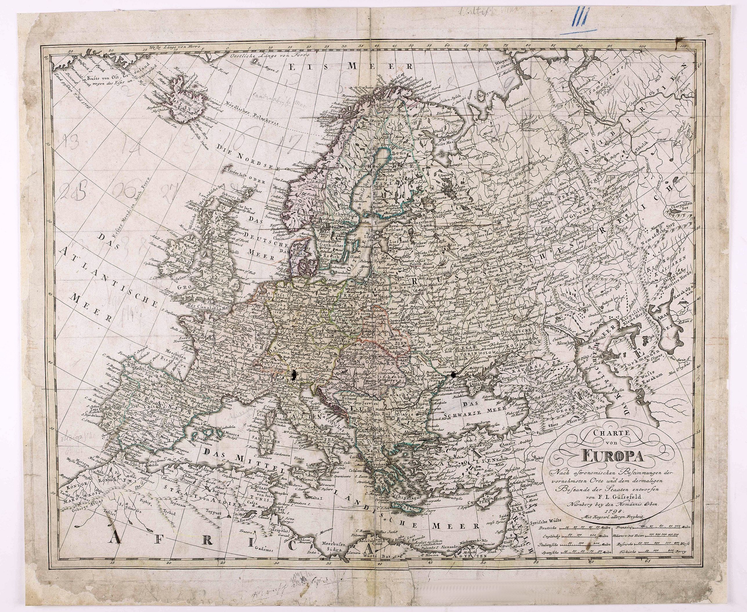 GUSSEFELD, F.L., Charte von Europa Nach den neuesten Astronomischen Ortsbestimmungen entworfen und berichtiget auf der Sternwarte Seeberg, bey Gotha. . ., antique map, old maps
