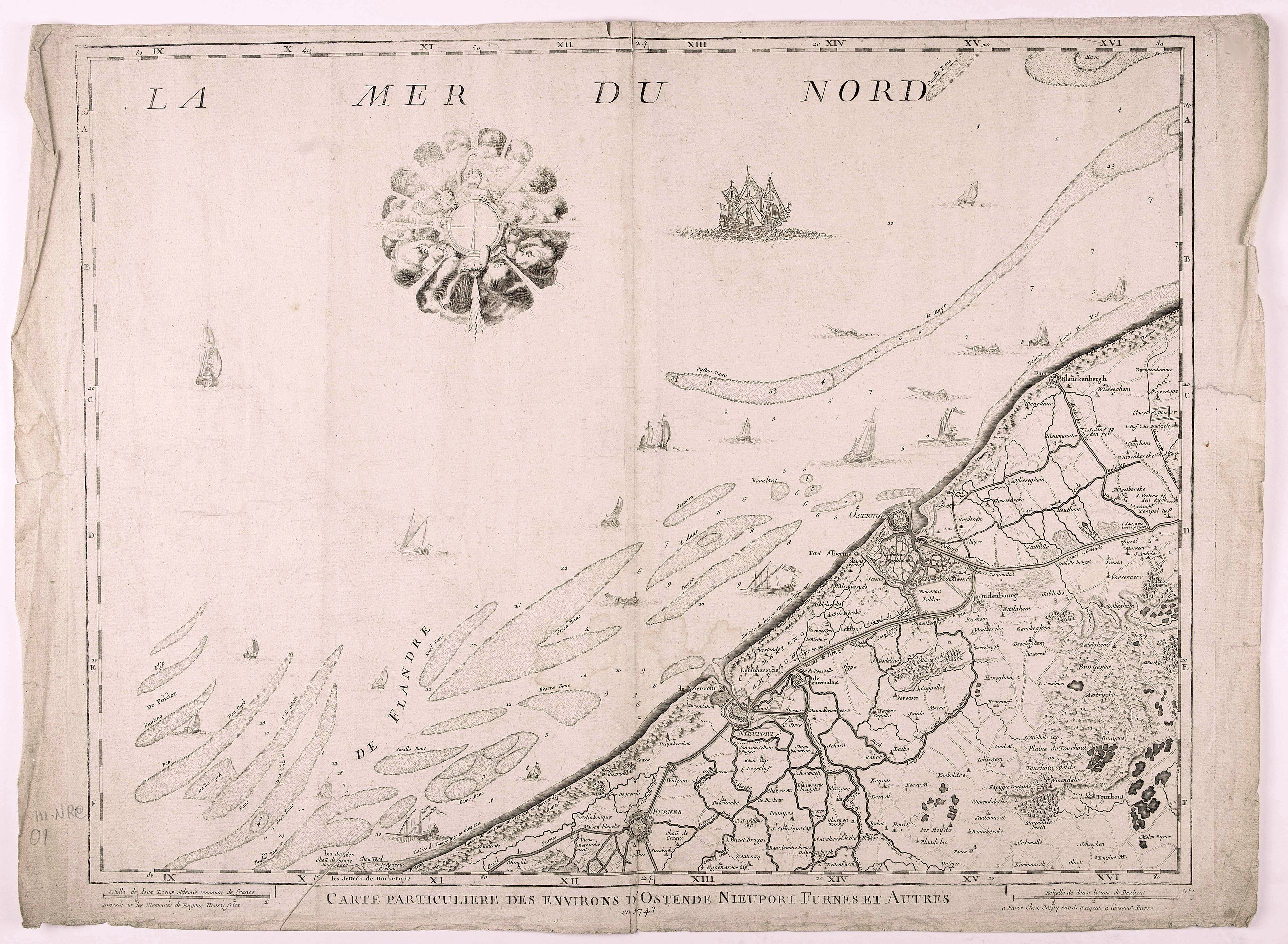 CREPY, La Mer du Nord - Carte particulière des environs d'Ostende, Nieuport, Furnes et autres en 1743., antique map, old maps