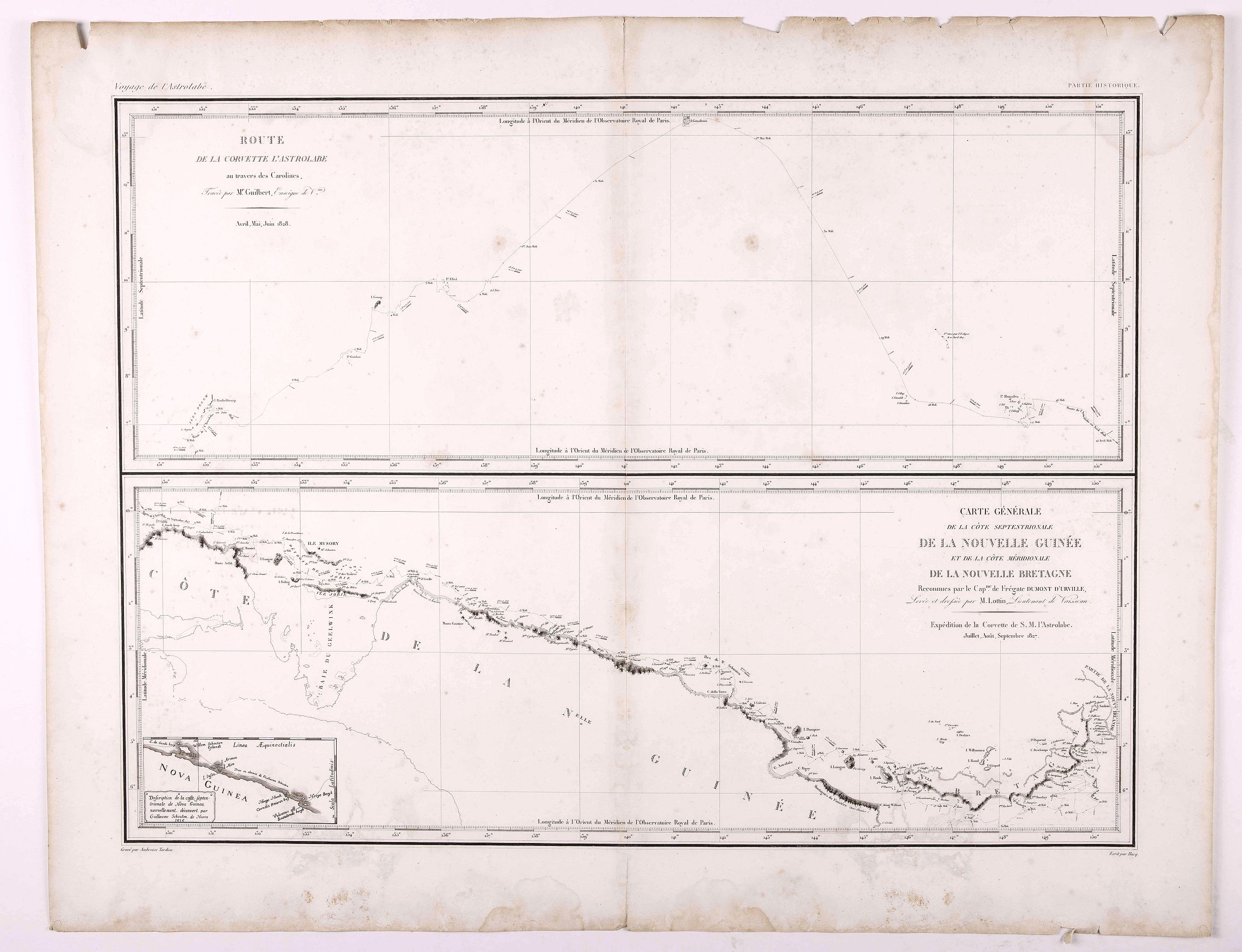 TARDIEU, A., Carte Generale de la Cote Septentrionale de la Nouvelle Guinee et de la Cote Meridionale de la Nouvelle Bretagne. Route de la Corvette L'Astrolabe us Tarvers des Carolines., antique map, old maps