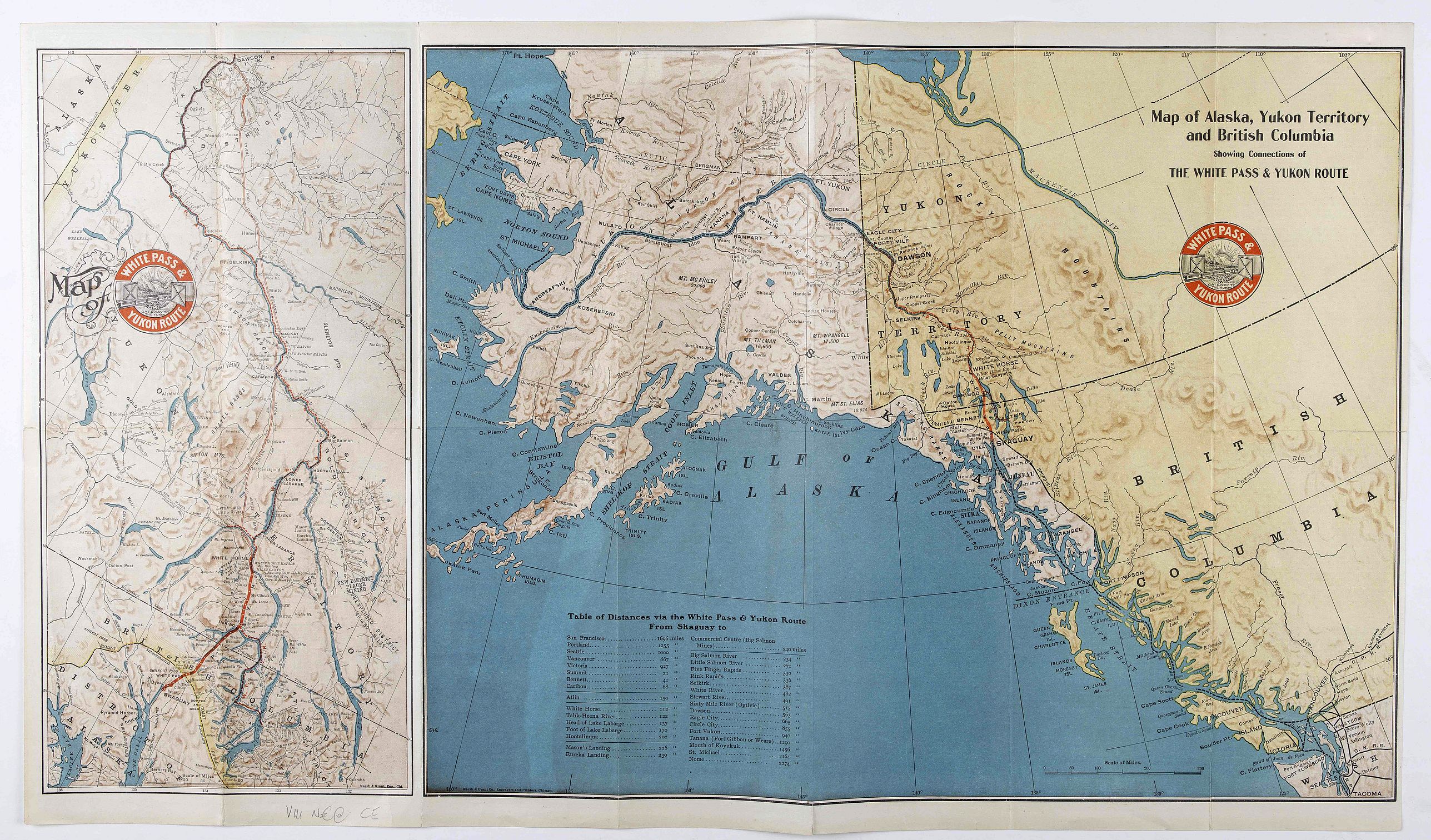 MARSH & GRANT CO., Map of Alaska, YukonTerritory and British Columbia showing connections of The White Pass & Yukon Route., antique map, old maps
