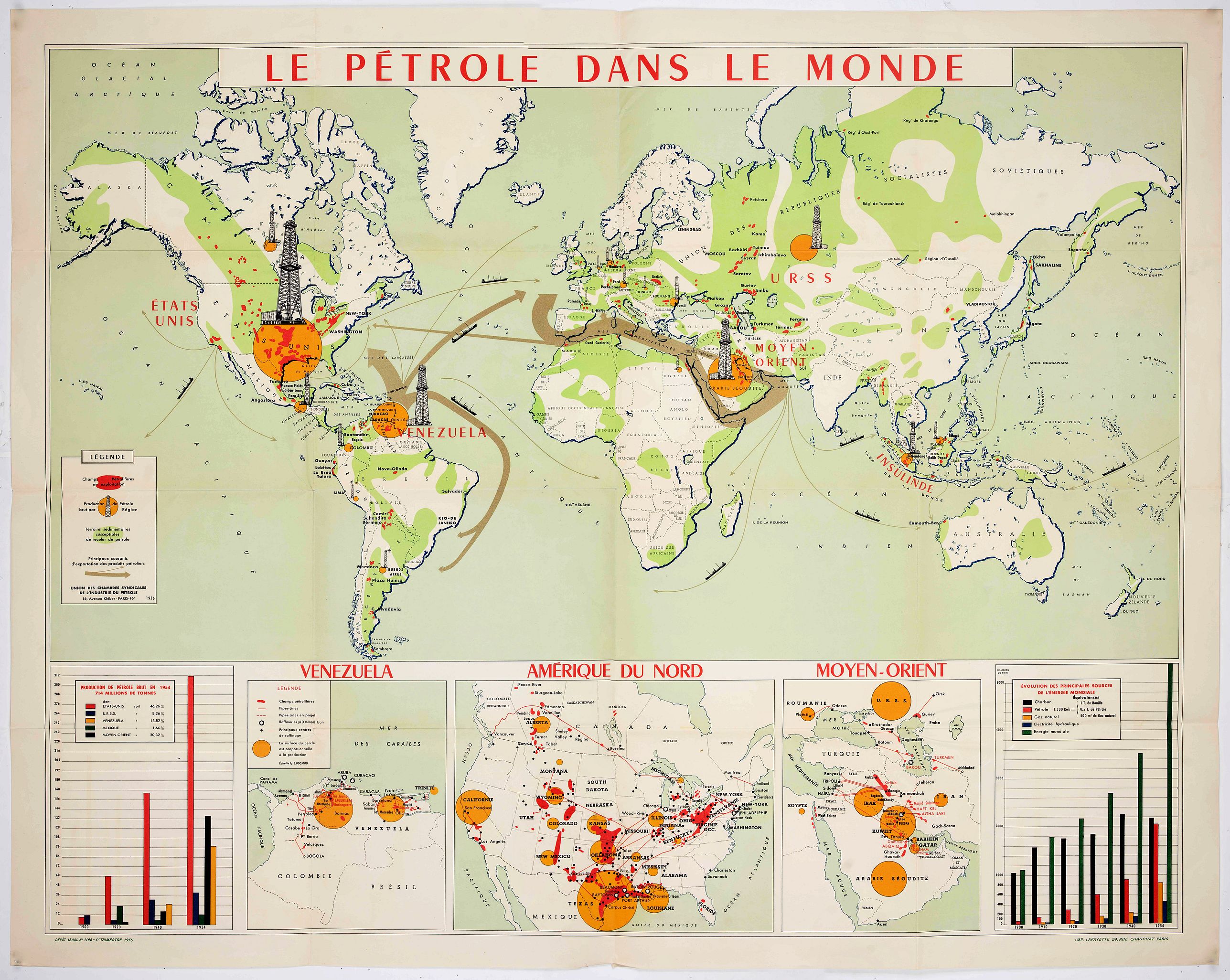 UNION CHAMBERS OF THE PETROLEUM INDUSTRY, Le pétrole dans le monde., antique map, old maps