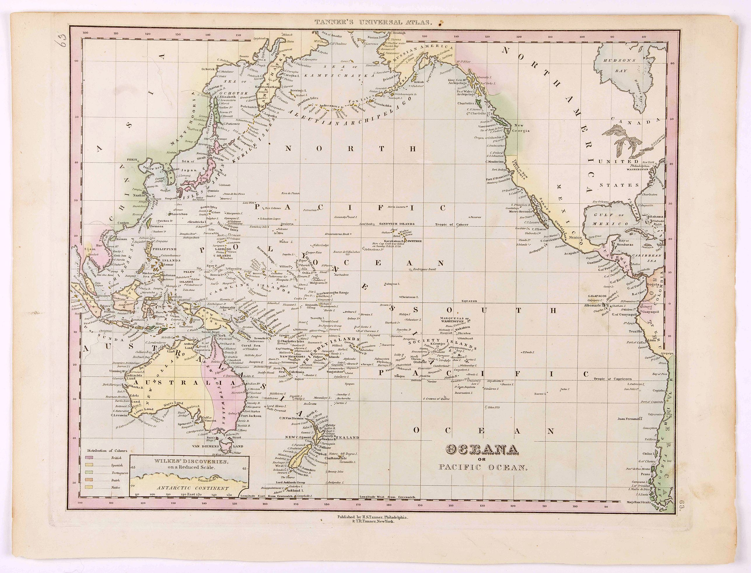 TANNER, H., Oceana or Pacific Ocean., antique map, old maps