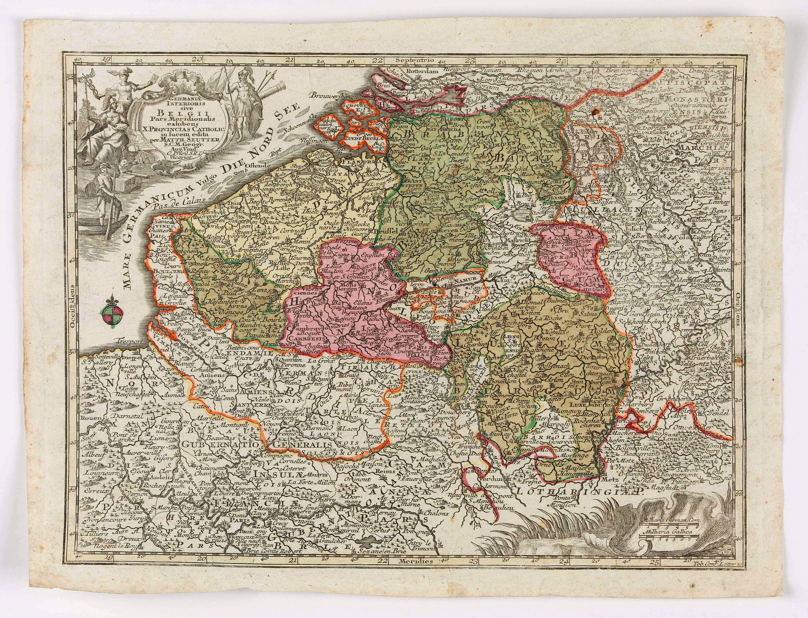 SEUTTER, M., Germaniae Inferioris Sive Belgii Pars Meridionalis exhibens X. Provincias Catholi. Cum Confiniis Galliae Germ. Hollandiae recentissime et curatissime in lucem edita . . ., antique map, old maps