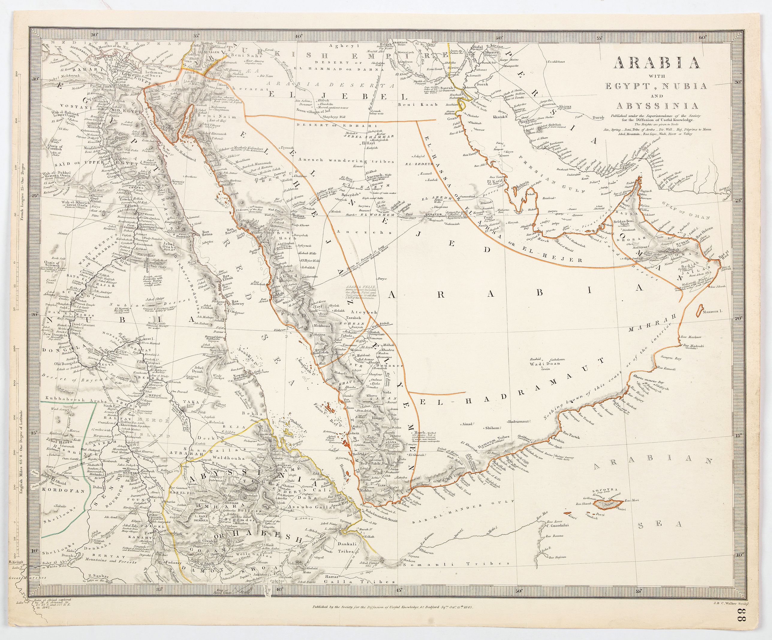 SOCIETY FOR THE DIFFUSION OF USEFUL KNOWLEDGE., Arabia with Egypt, Nubia and Abyssinia . . ., antique map, old maps