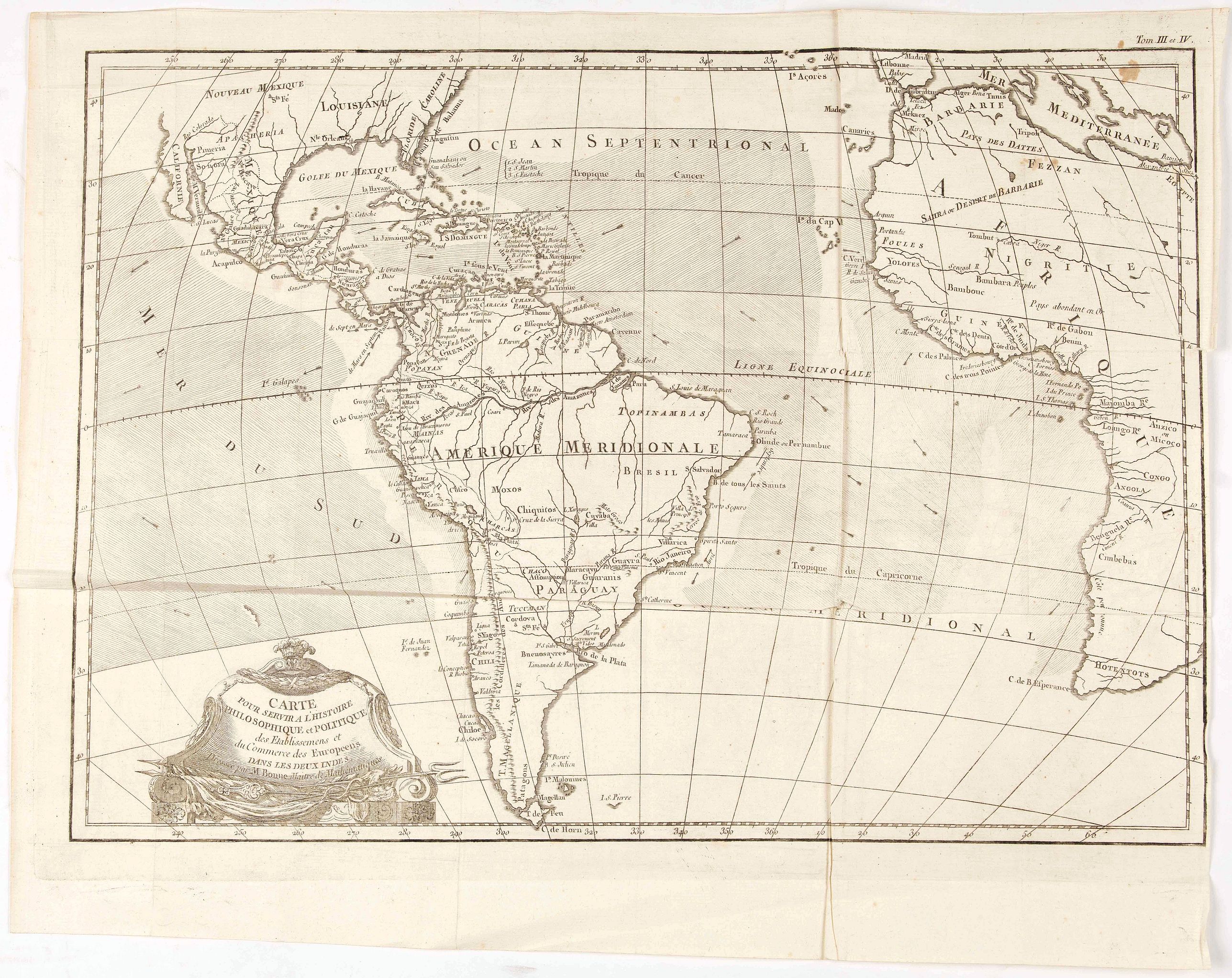 BONNE, R., Carte pour servir a L'Histoire Philosophique et Politique des Etablissemens et du Commerce des Europeens dans les deux Indes., antique map, old maps