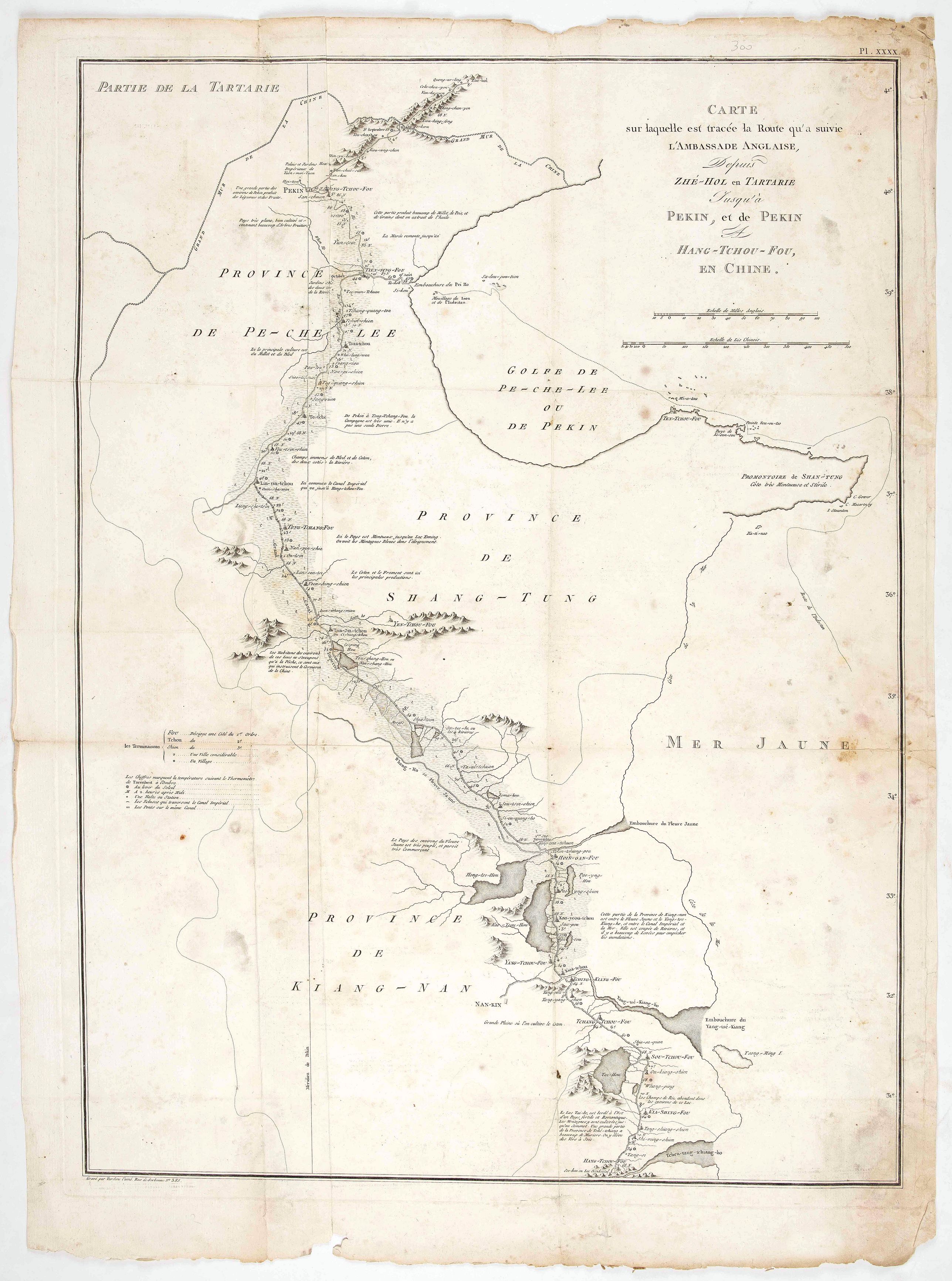 TARDIEU, J.B.P., Carte sur laquelle est tracé la Route qu'à suivie L'Ambassade Anglaise, Depuis Zhé-Hol en Tartarie Jusqu'à Pekin, et de Pekin A Han-Choo-Foo, en Chine., antique map, old maps