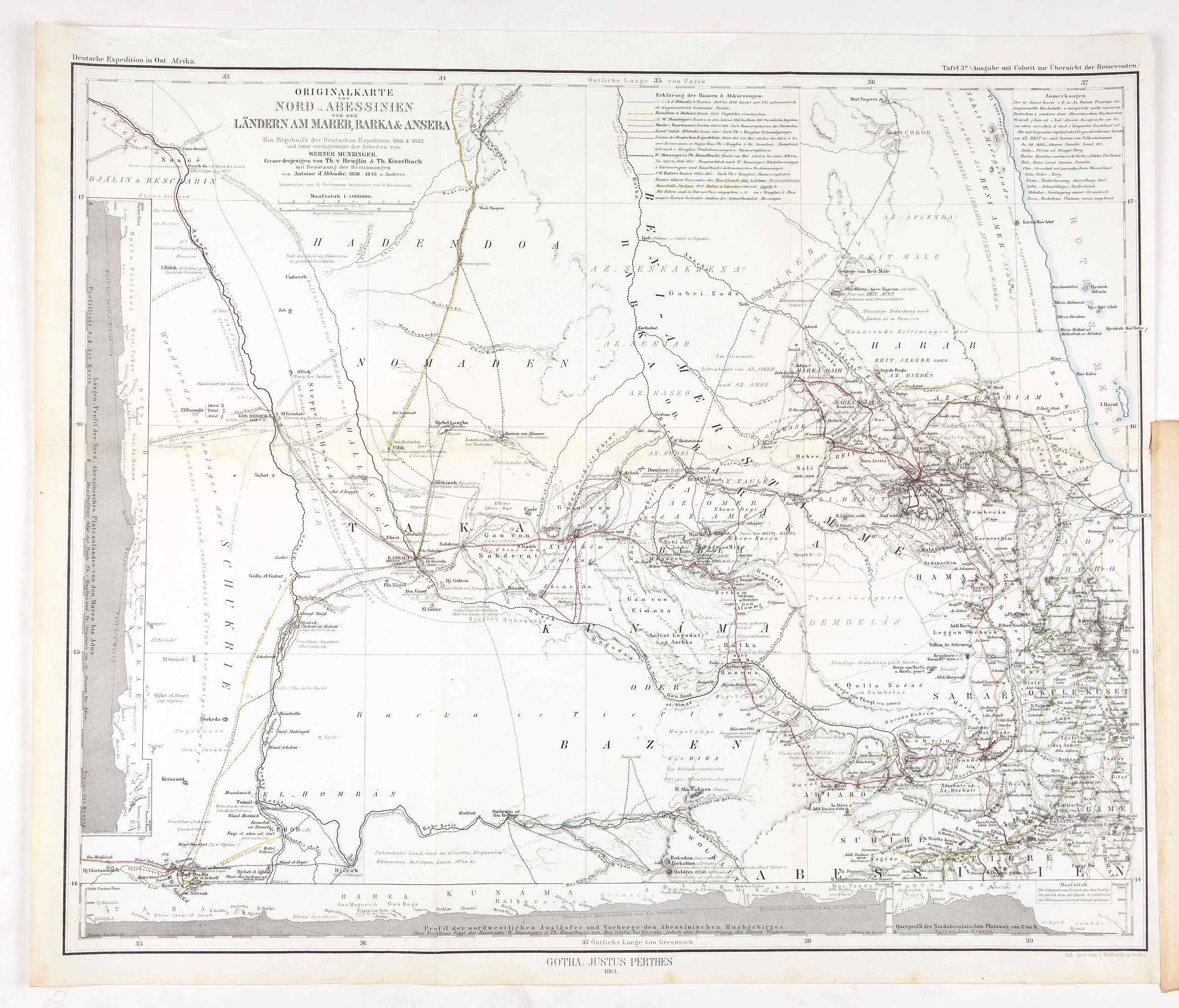 PERTHES, J., Originalkarte von Nord-Abessinien und den Ländern am Mareb, Barka & Anseba - Ein Ergebniss der Deutschen Expedition..., antique map, old maps