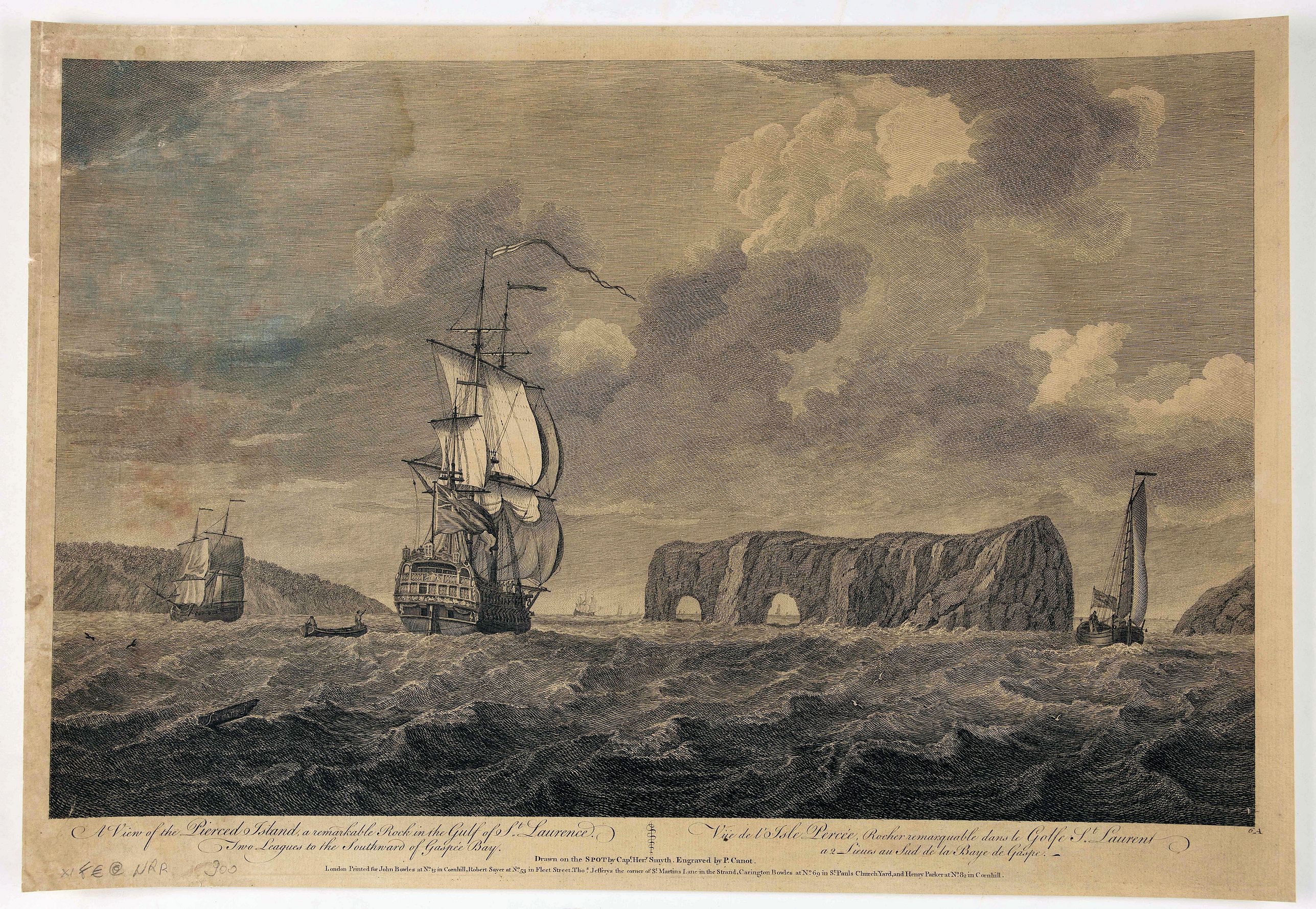 BOWLES, J., A view of the of the Pierced Island, a remarkable rock in the Gulf of St. Laurence - two leagues to the southward of Gaspée Bay. . ., antique map, old maps