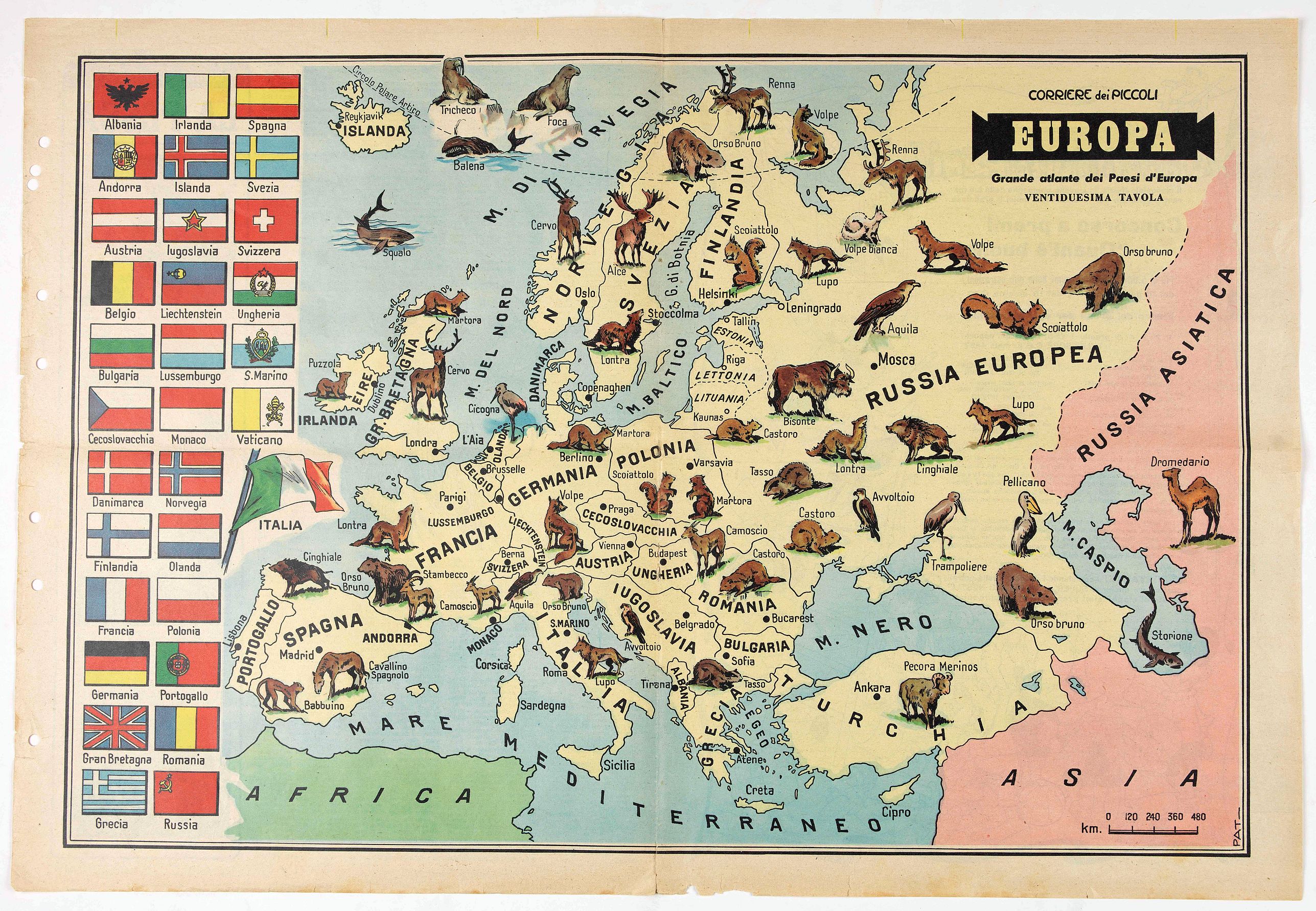 CORRIERE DEI PICCOLI, Europa - Grande Atlante dei Paesi d'Europa Ventiduesima Tavola., antique map, old maps