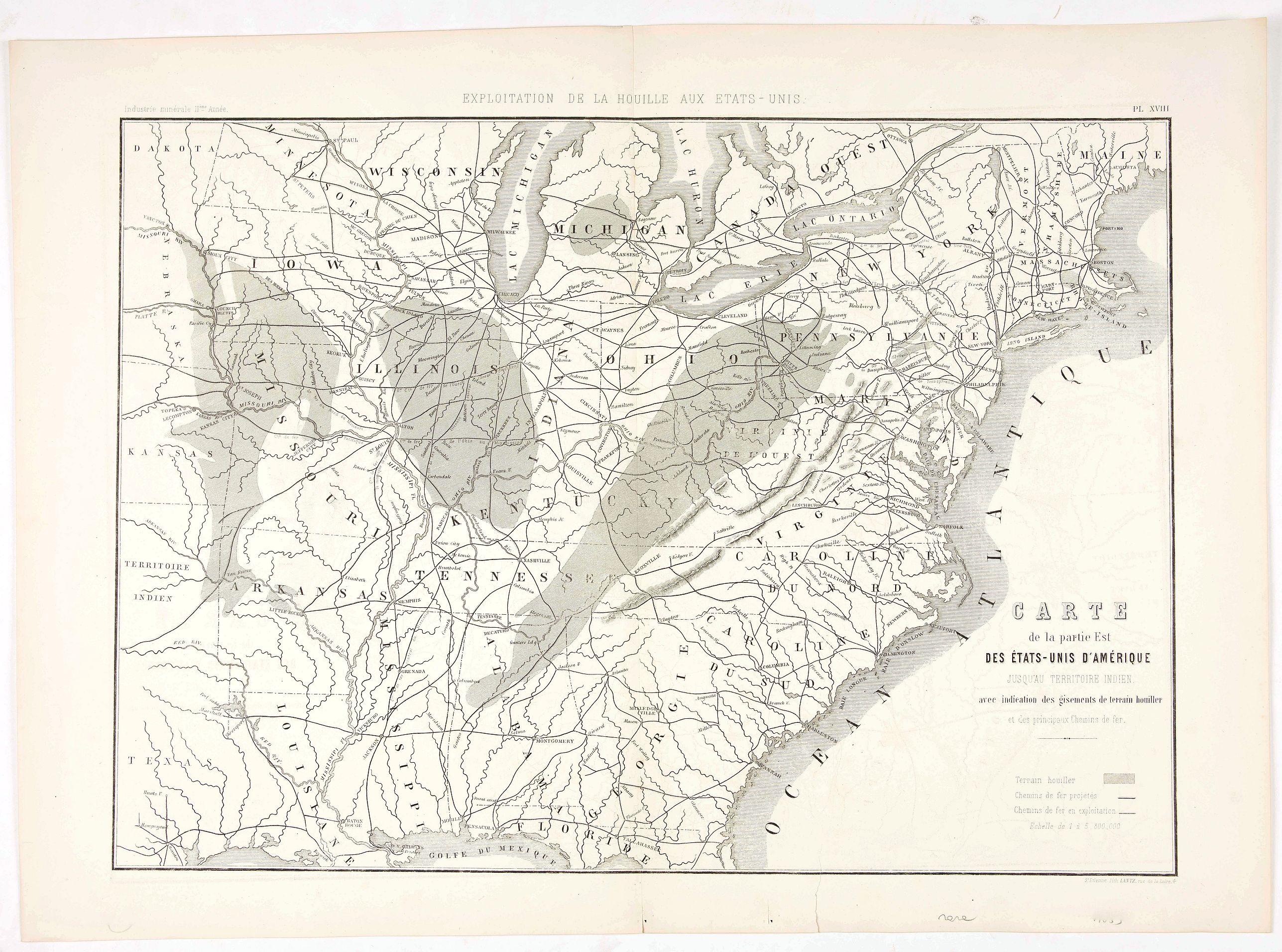LANTZ, Carte de la partie est des Etats-Unis d'Amérique jusqu'au territoire indien avec indication des gisements de terrain Houiller et des principaux chemins de fer., antique map, old maps
