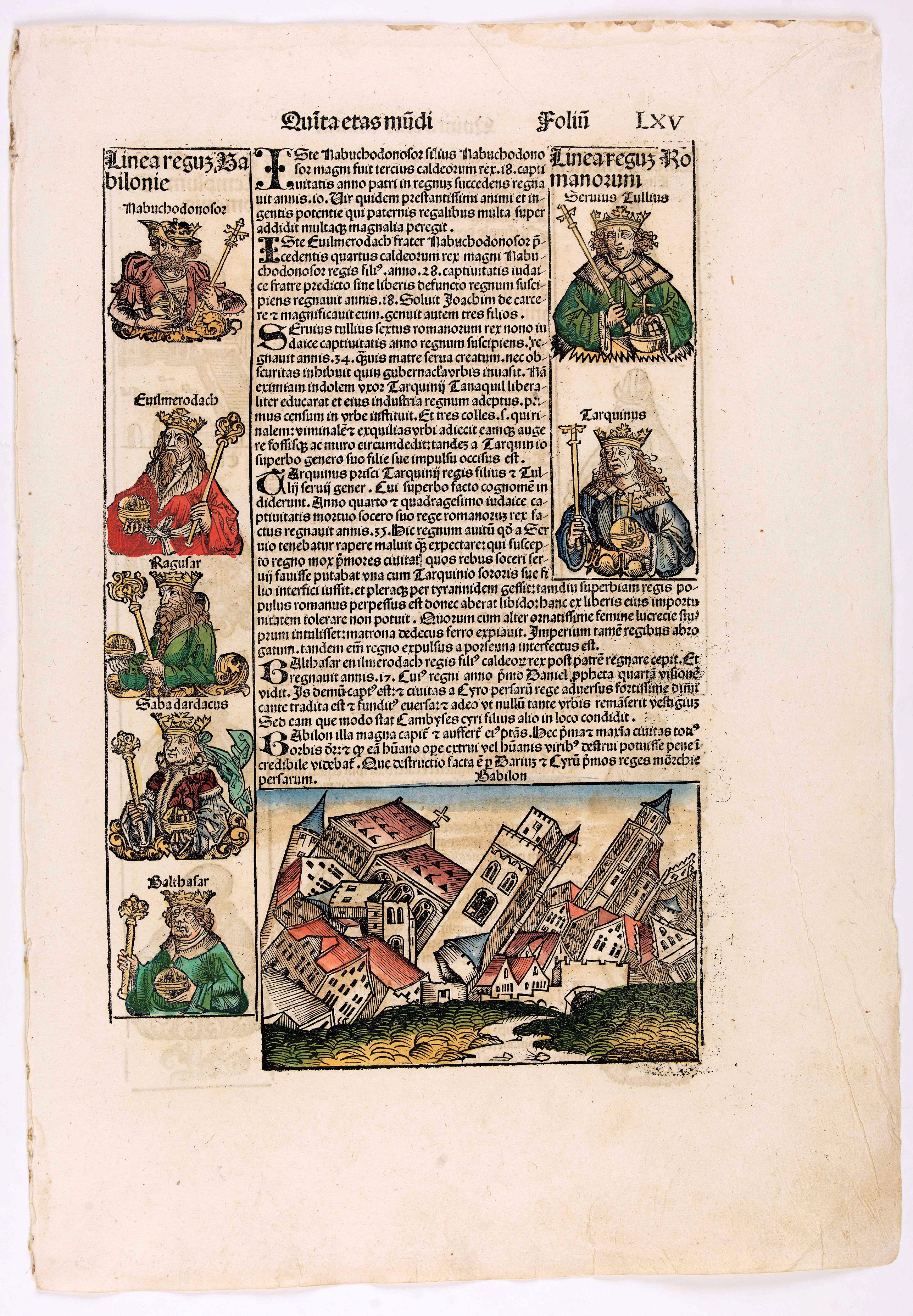SCHEDEL, H., Quinta Etas Mudi. Folium. LXV (With view of Babylon), antique map, old maps