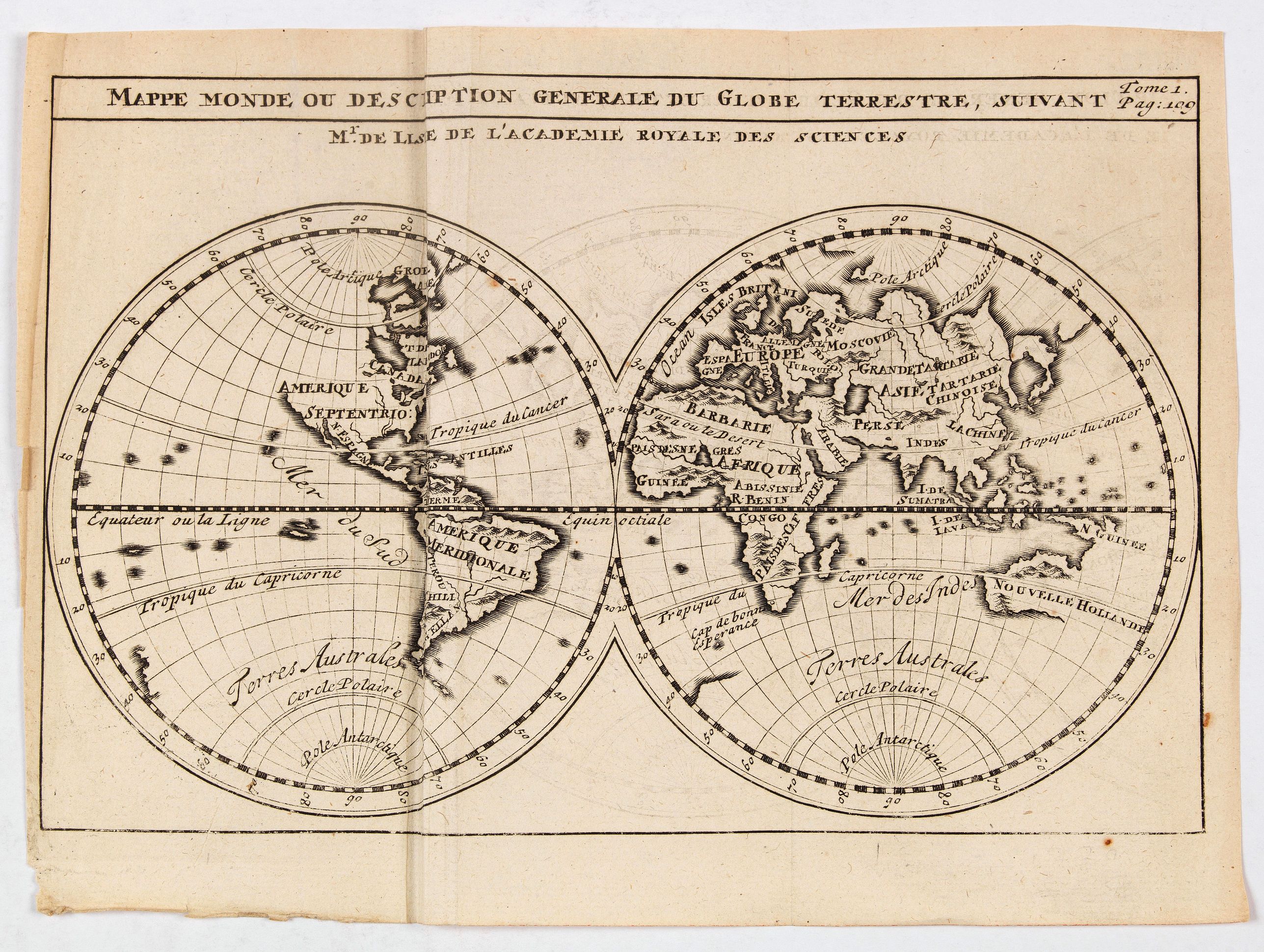 DELISLE, G., Mappe monde ou description generale du globe terrestre suivant Mr.de Lisle de l'academie Royale des sciences., antique map, old maps