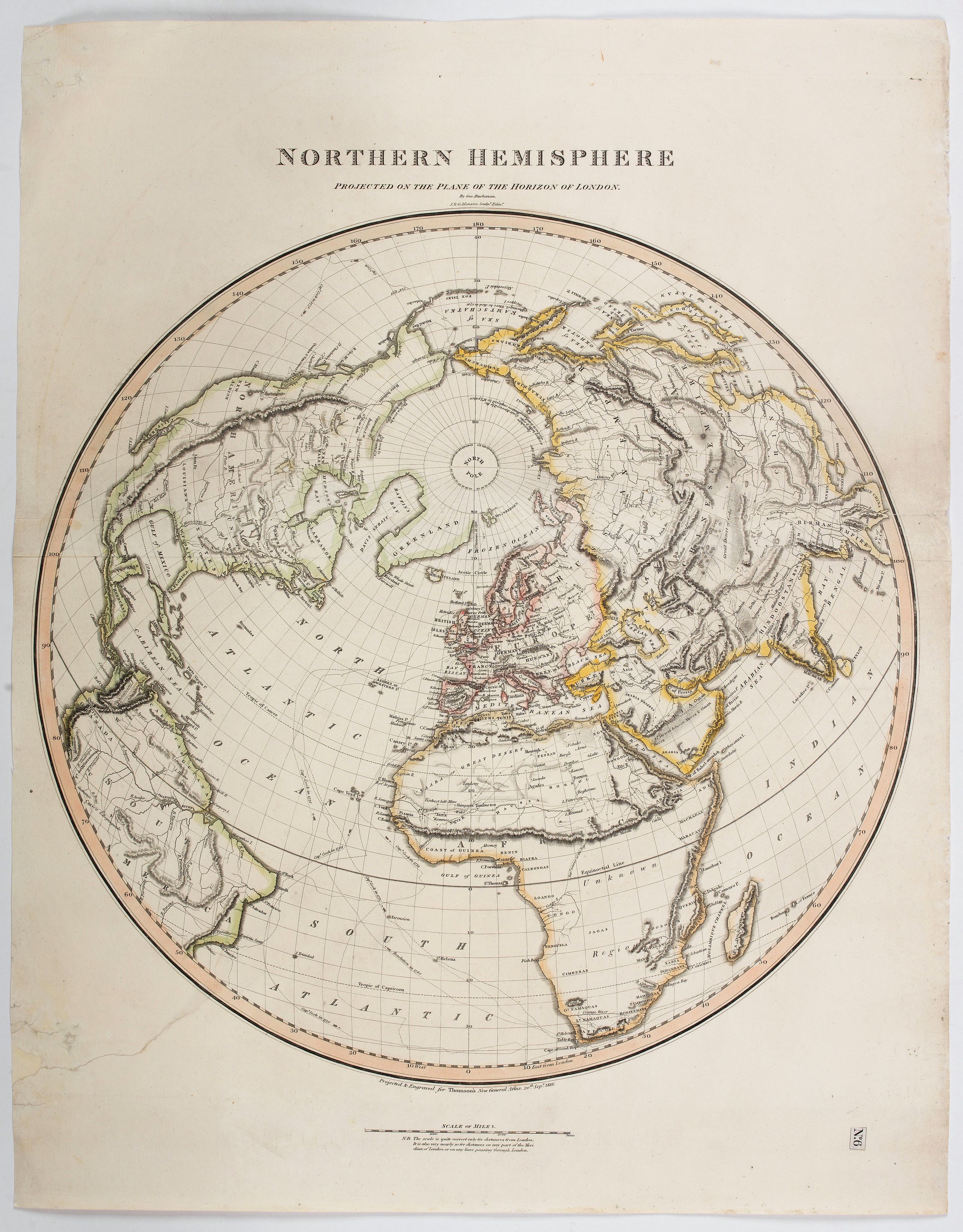 THOMSON., Northern Hemisphere projected on the plane of the horizon of London., antique map, old maps
