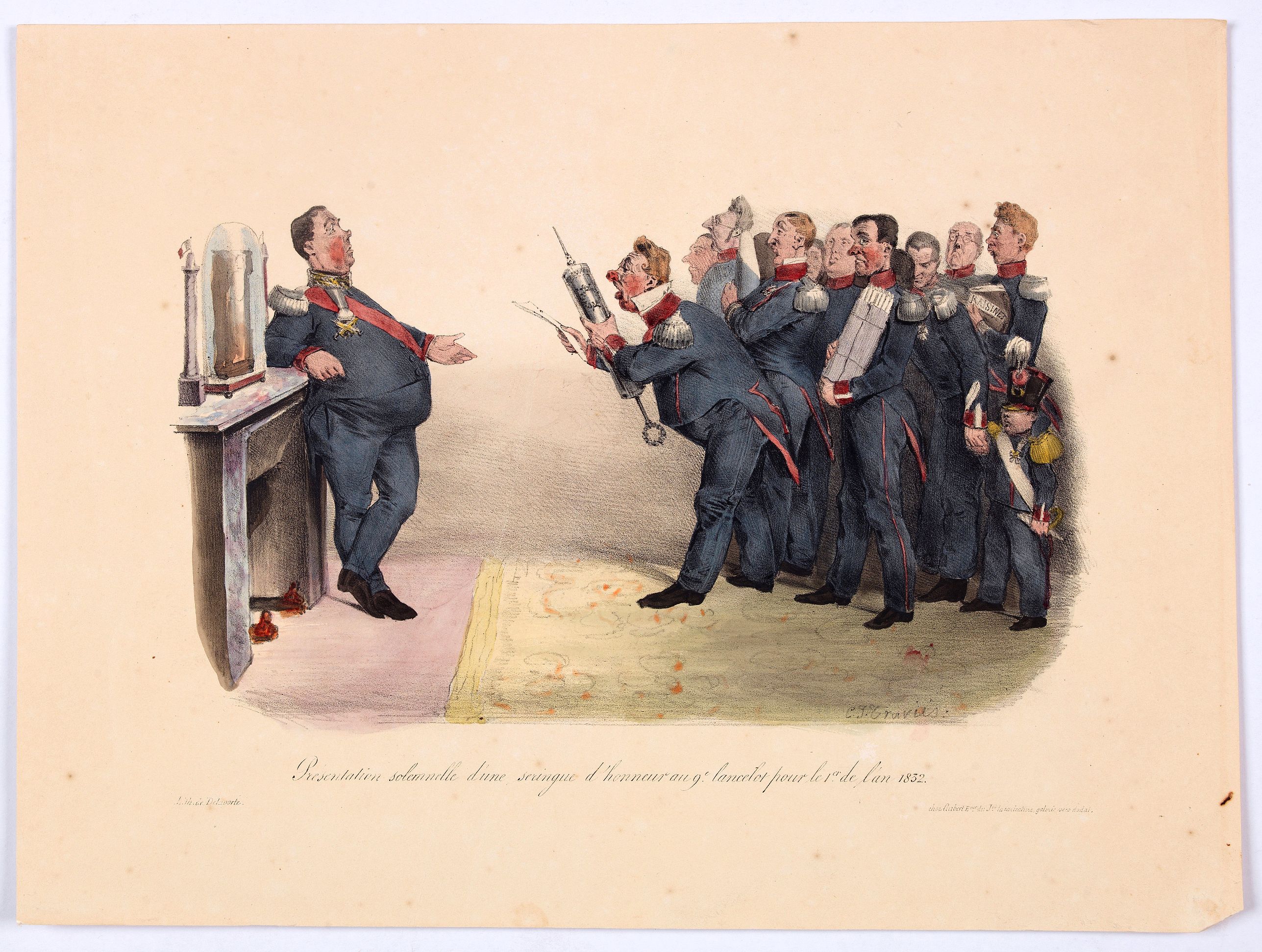 DELAPORTE., Presentation solemnelle d'une seringue d'honneur au generale lancelot pour le 1st de l'an 1832,, antique map, old maps