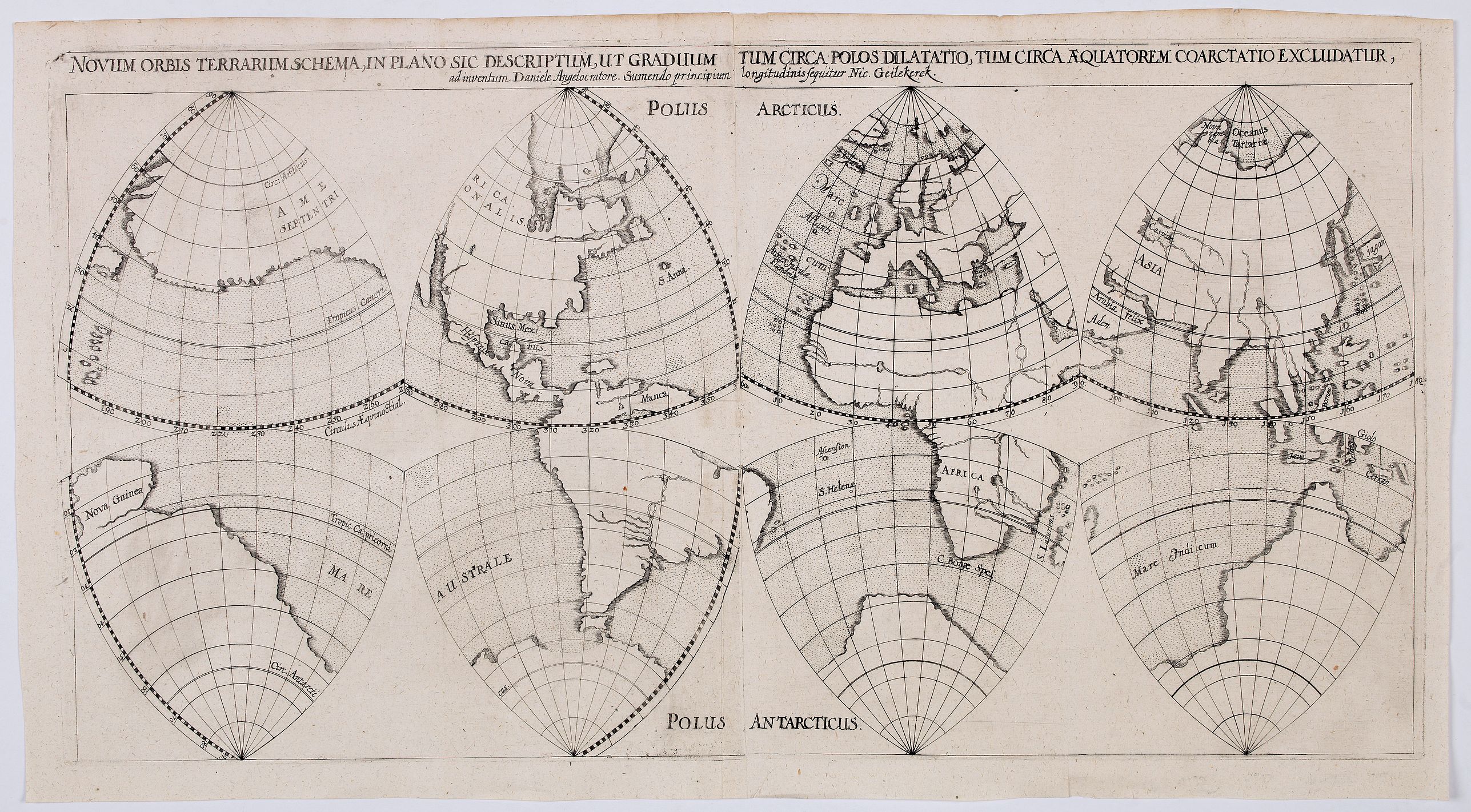 ANGELOCRATOR, Daniel / Nicolaas van Geelkerken., Novum Orbis Terrarum Schema, In Plano Sic Descriptum, ut Graduumtum Circa Polos. . ., antique map, old maps