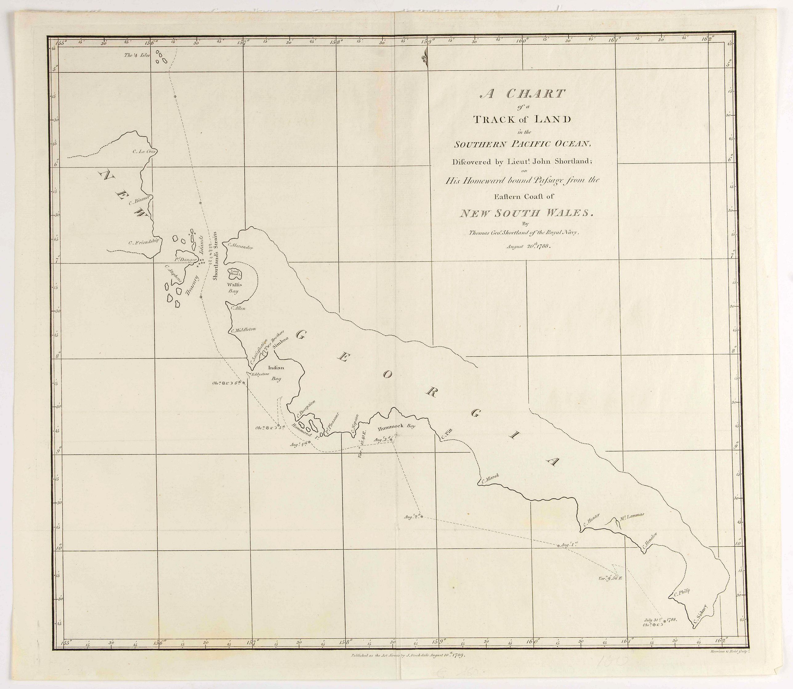STOCKDALE, G., A Chart of a Track of Land in the Southern Pacific Ocean, Discovered by Lieutt. John Shortland, on His Homeward bound Passage from the Eastern Coast of New South Wales. By Thomas Geoe. Shortland of the Royal Navy, August 20th 1788., antique map, old maps