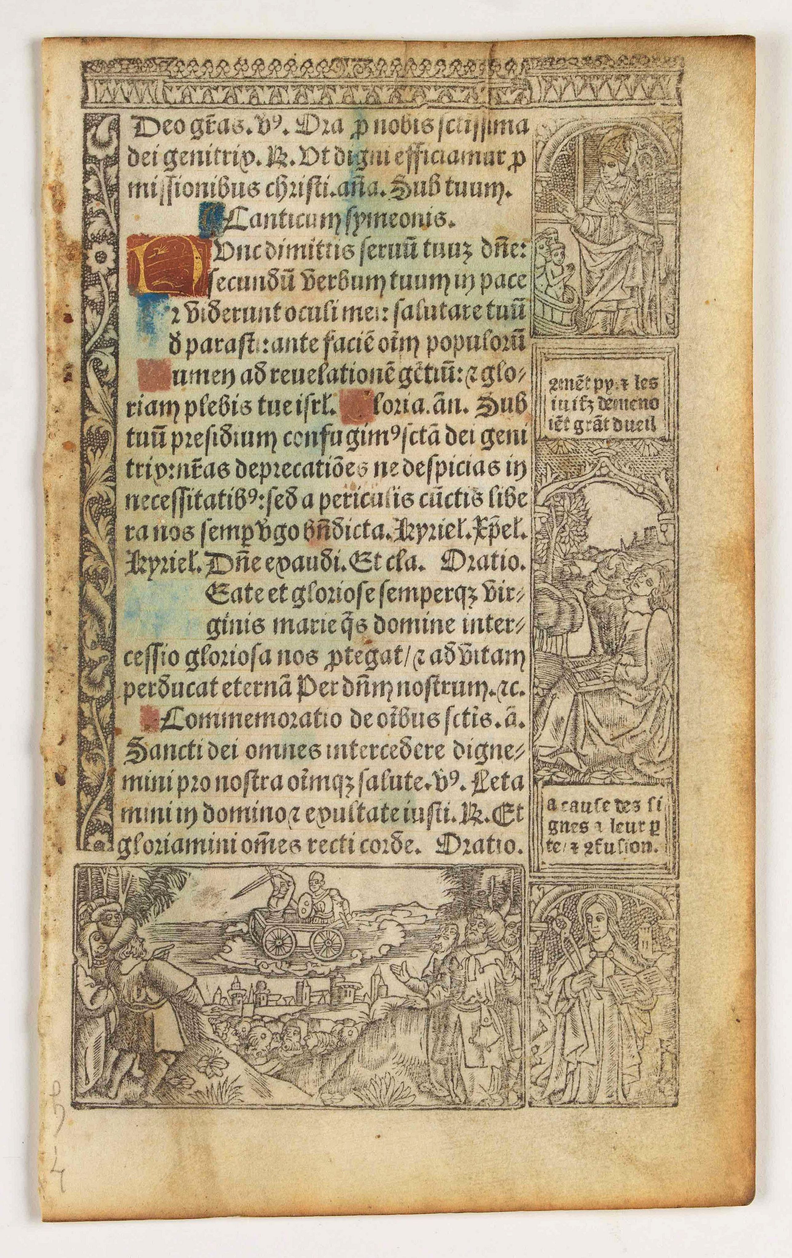 BOOK OF HOURS, Leaf on vellum from a printed Book of Hours., antique map, old maps