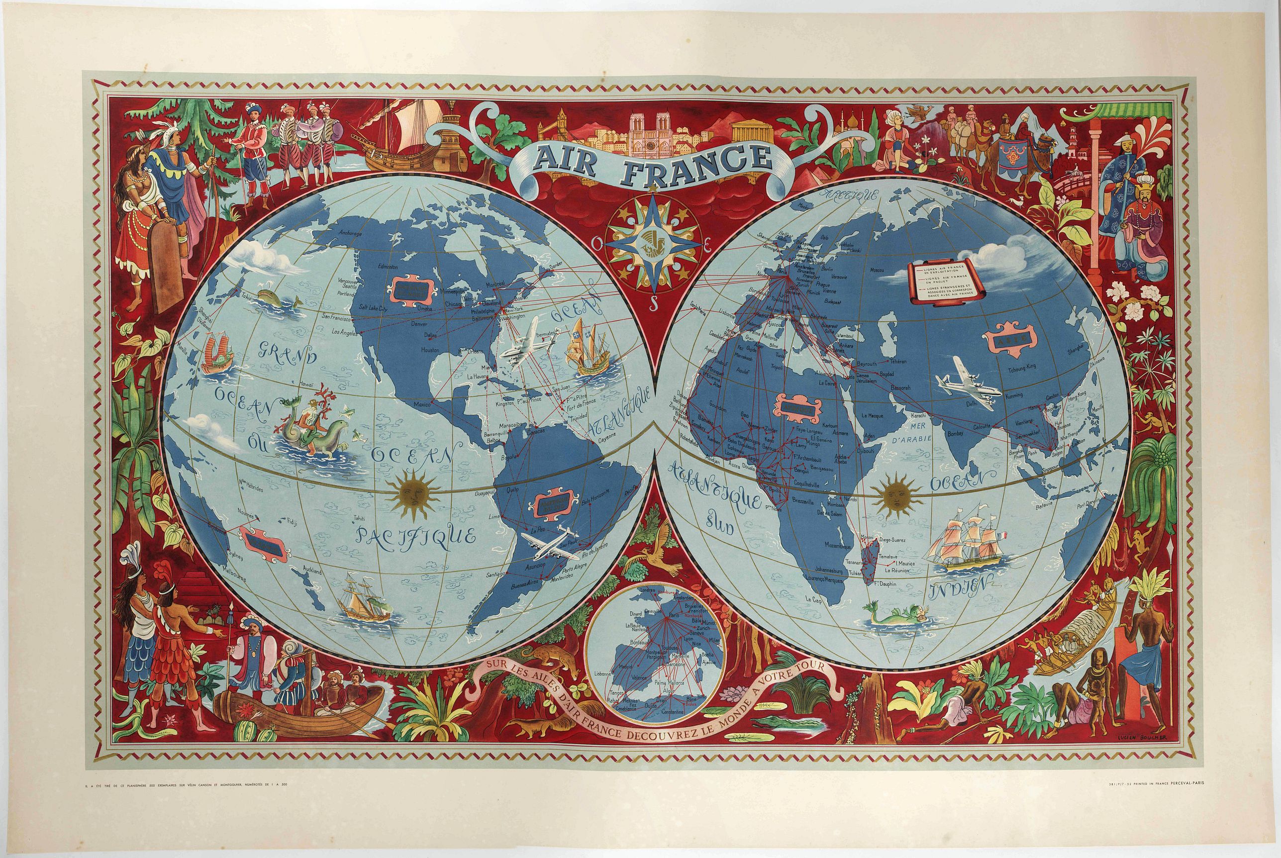 BOUCHER, L., AIR France - Sur les ailes d'Air France découvrez le monde à votre tour., antique map, old maps