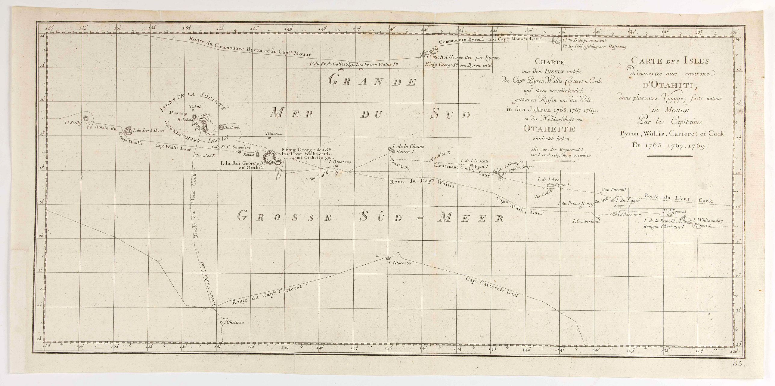 COOK, Captain James., Carte des Isles decouverte aux environs D’Otahiti, dans plusieurs Voyages faite autour Du Monde Par les Capitaines Byron, Wallis, Carteret et Cook en 1765, 1767, 1769., antique map, old maps