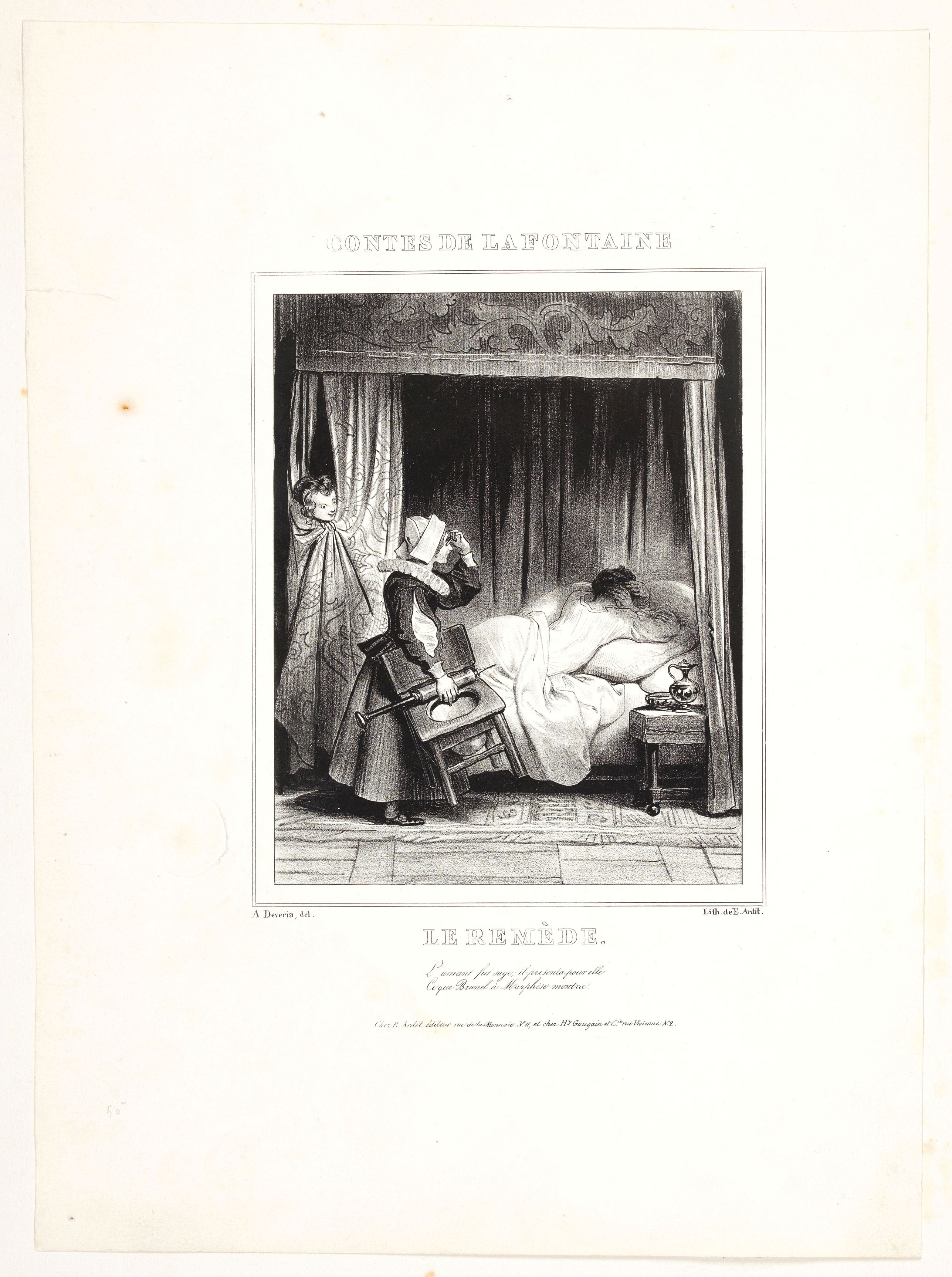 DEVERIA, Achille., Contes de la Fontaine. 'Le Remede'., antique map, old maps