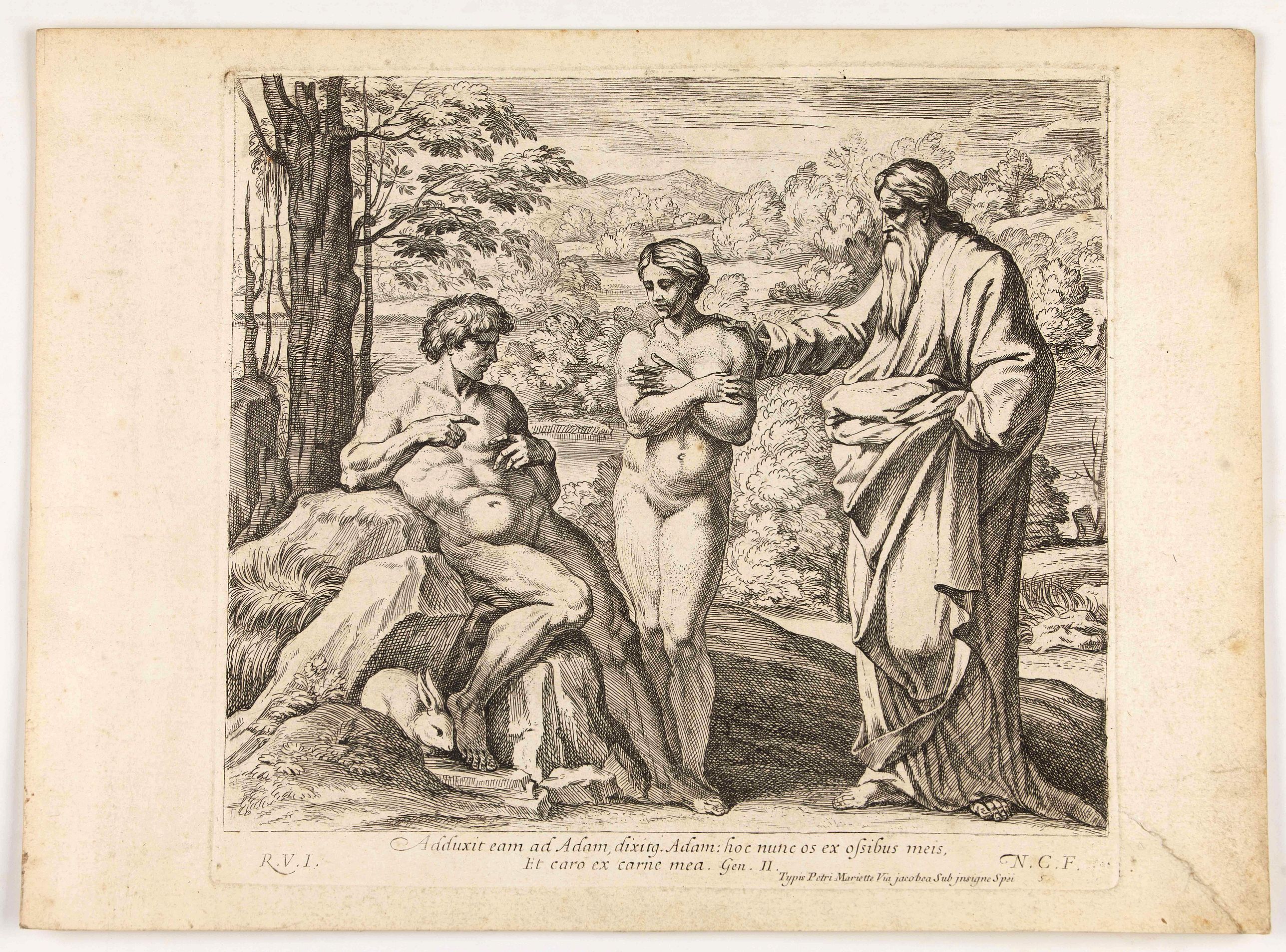 CHAPRON, N., Adduxit eam ad Adam, dixitg Adam hocnunc os ex ossibusmeis . . . (Plate 5), antique map, old maps