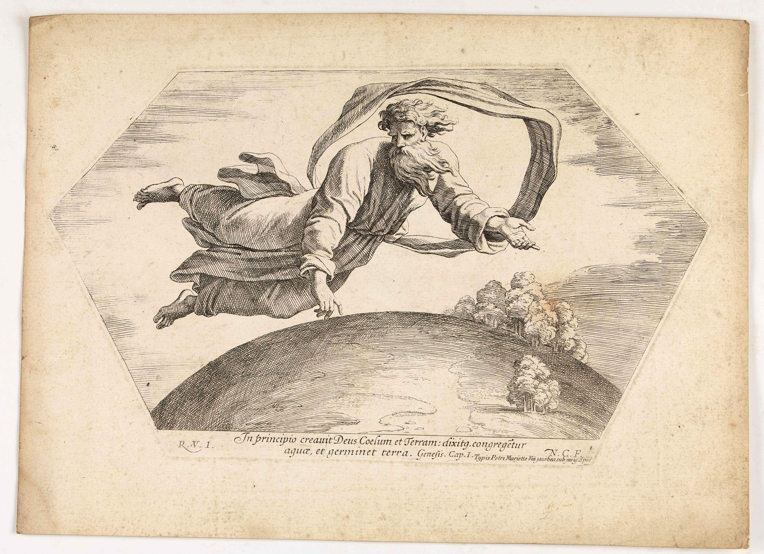 CHAPRON, N., In principio creauit Deus coelum et terram: Dixitg congregetur aguae, et germinet terra. . . . (Plate 1), antique map, old maps