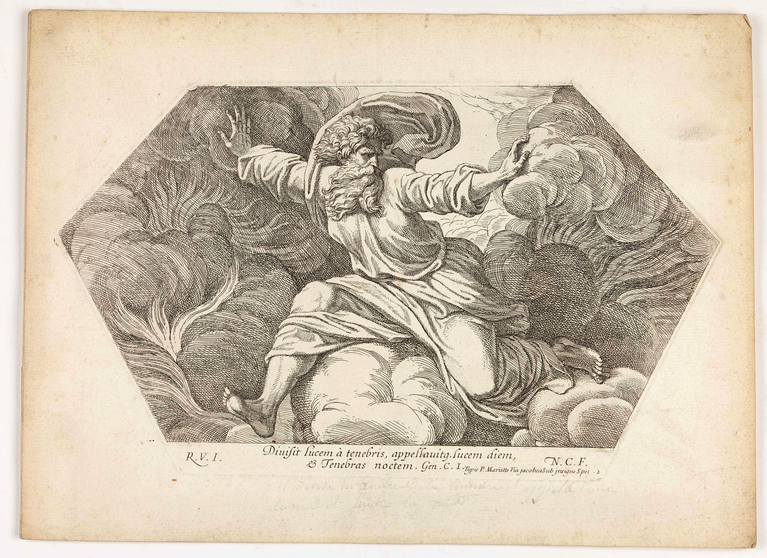 CHAPRON, N., Diuisit lucem a tenebris, appellauitg lucem diem é tenebras noctem. . . . (Plate 2), antique map, old maps