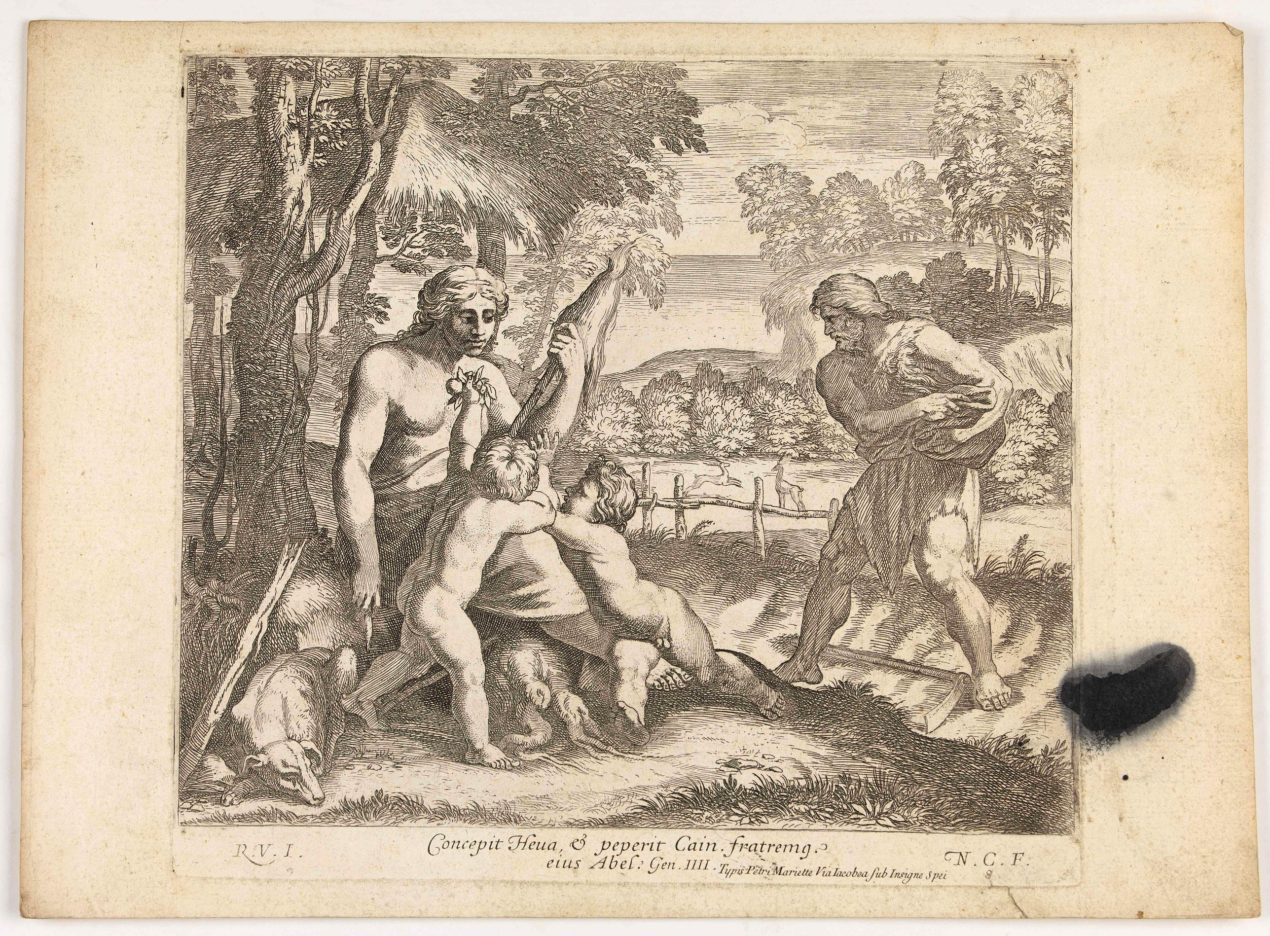 CHAPRON, N., Concepit Heua & peperit Cain fratremg eius Abel. . . . (Plate 8), antique map, old maps