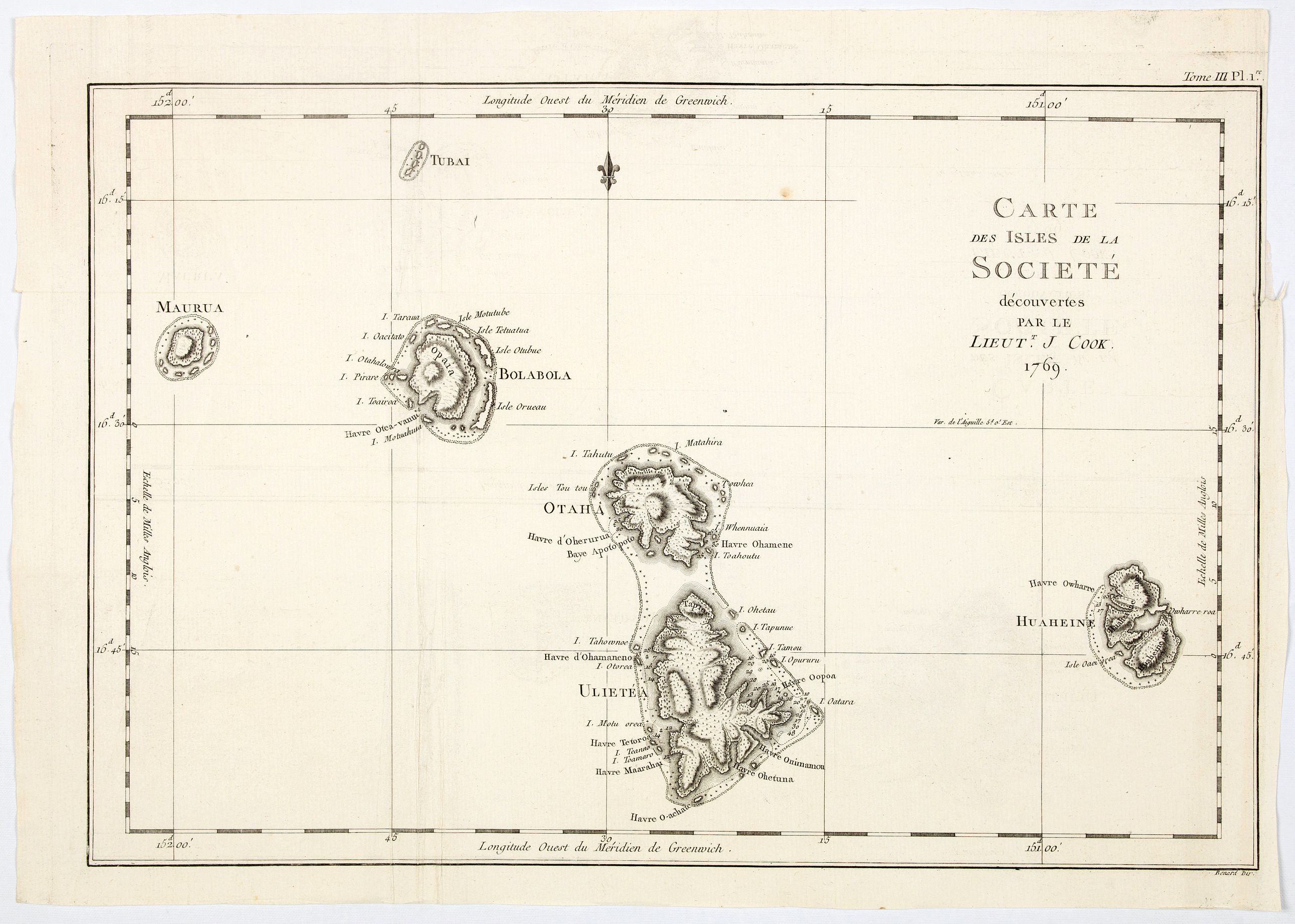 HAWKESWORTH., Carte des Isles de la Societe decouvertes par le Lieut. J. Cook 1769., antique map, old maps