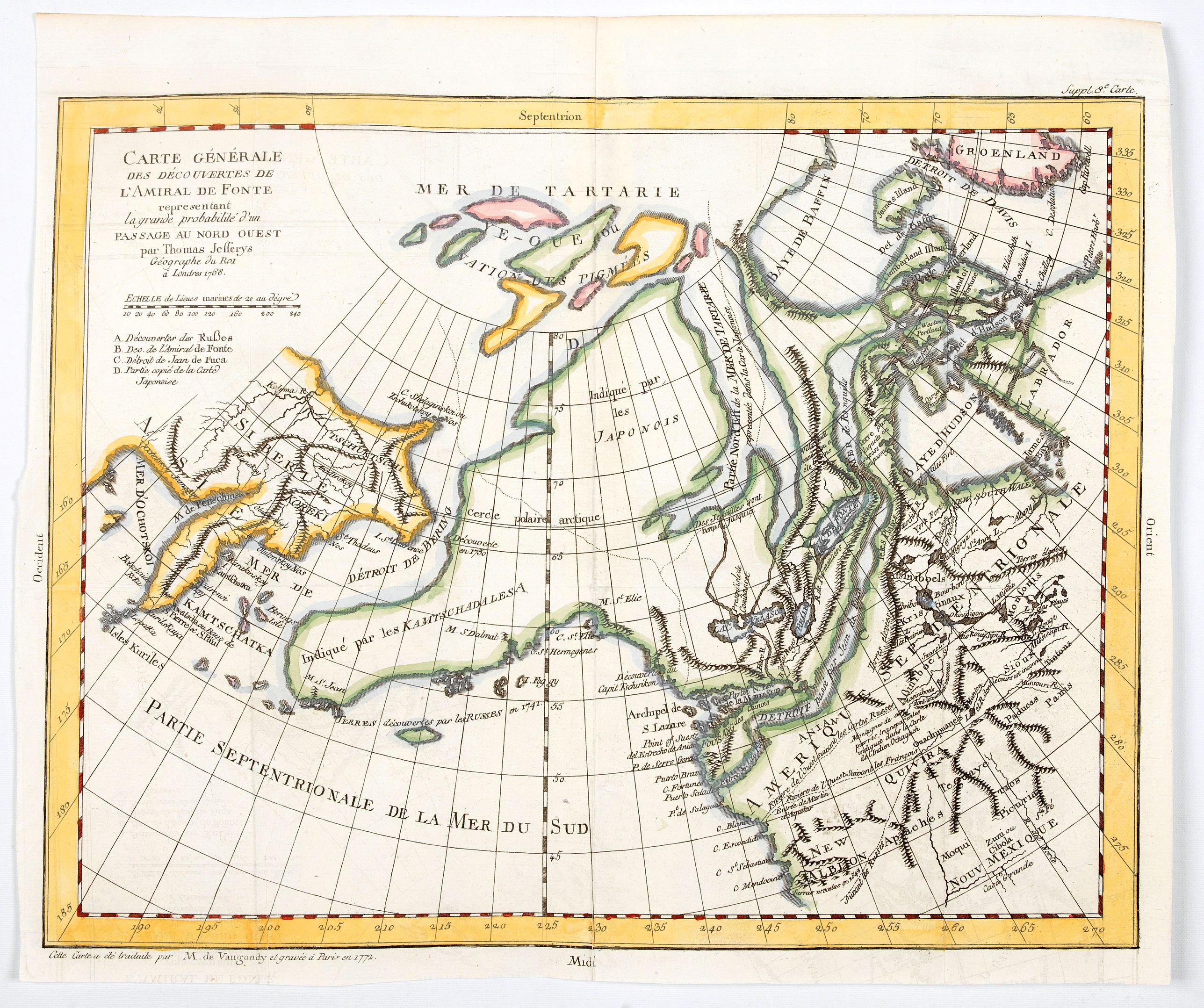 DE VAUGONDY., General Map of the Discoveries of Admiral de Fonte representing the great probability of a Passage to the North West by Thomas Jefferys. . ., antique map, old maps