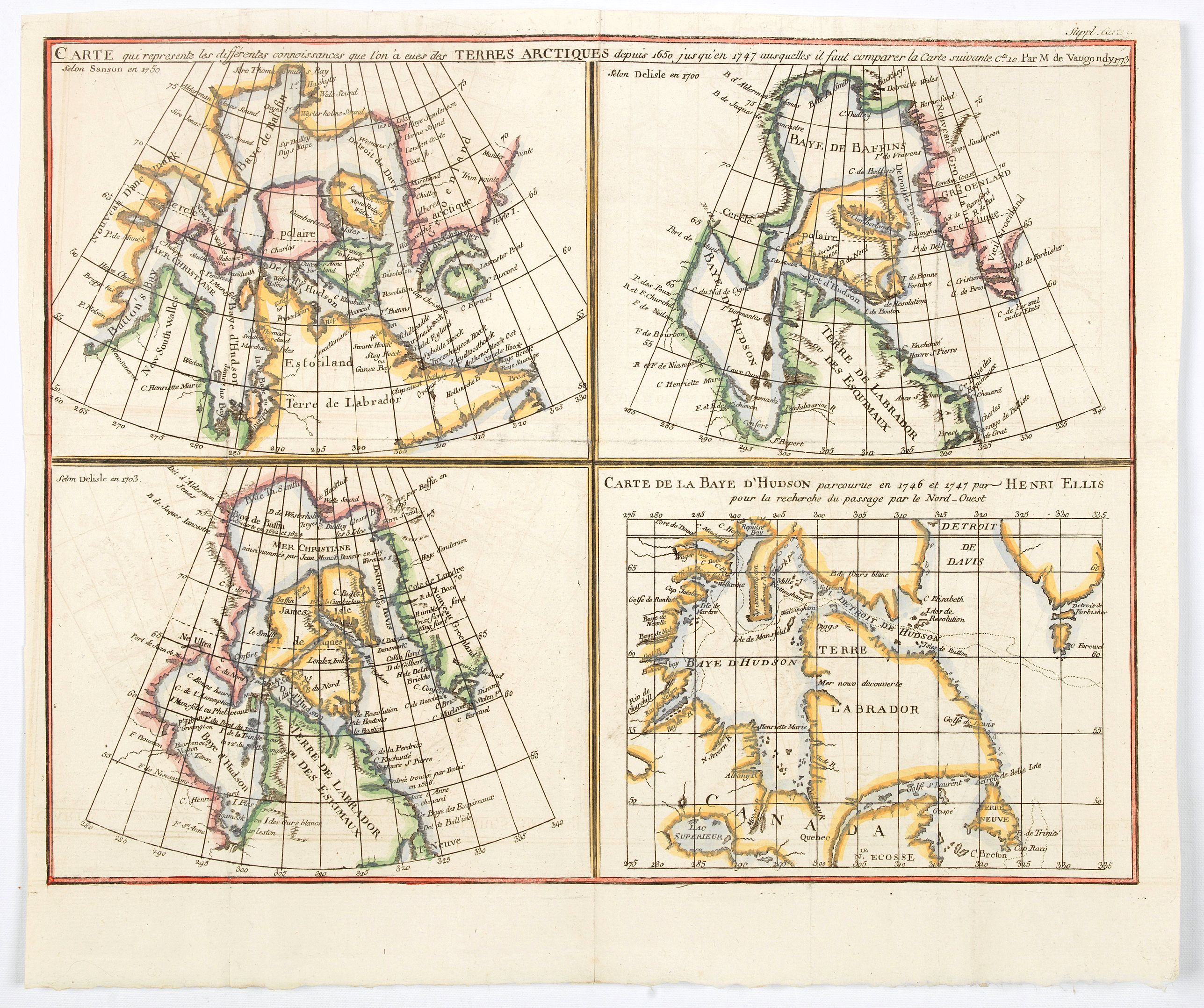 DE VAUGONDY., Carte qui represente les différentes connoissances que l’on a eues des Terres Arctiques depuis 1650 jusqu’en 1747. . ., antique map, old maps