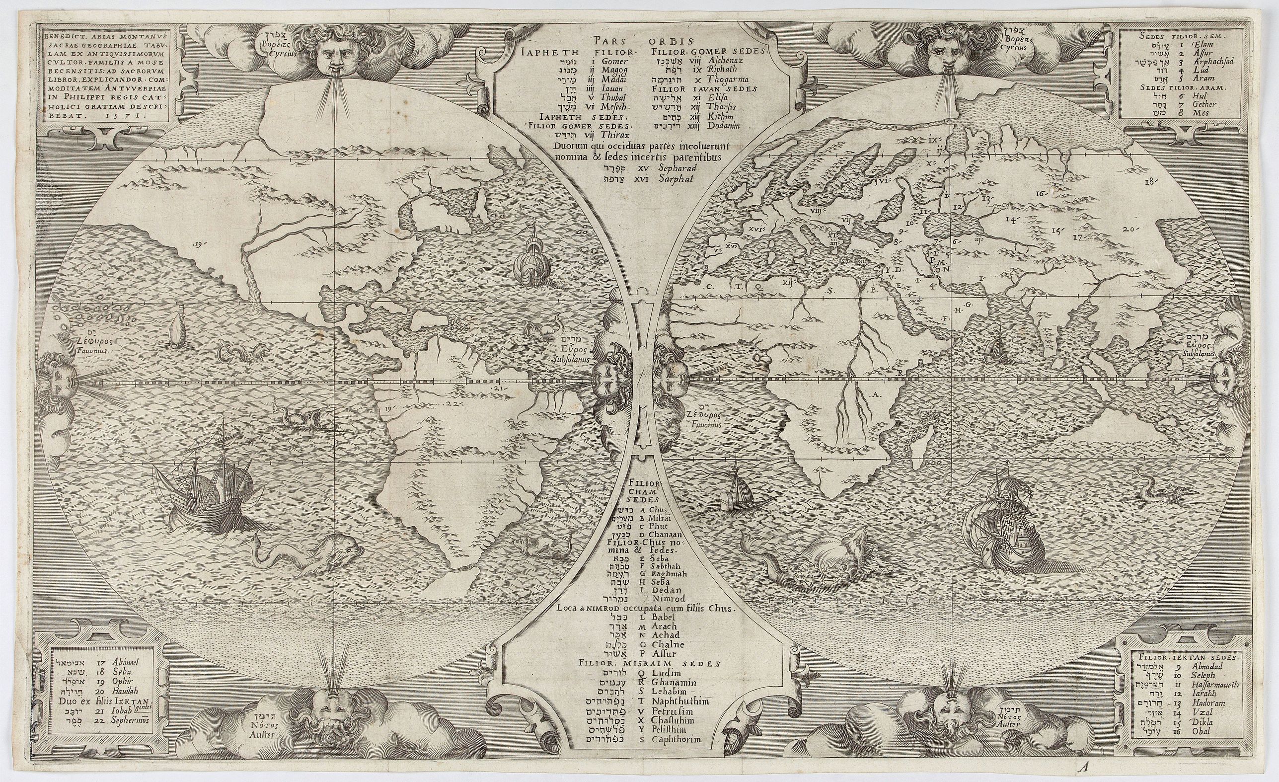 MONTANUS, A., Benedict Arias Montanus Sacrae Geographiae Tabulam ex Antiquissimorum Cultor. Familii a Mose Recensitis ... 1571., antique map, old maps