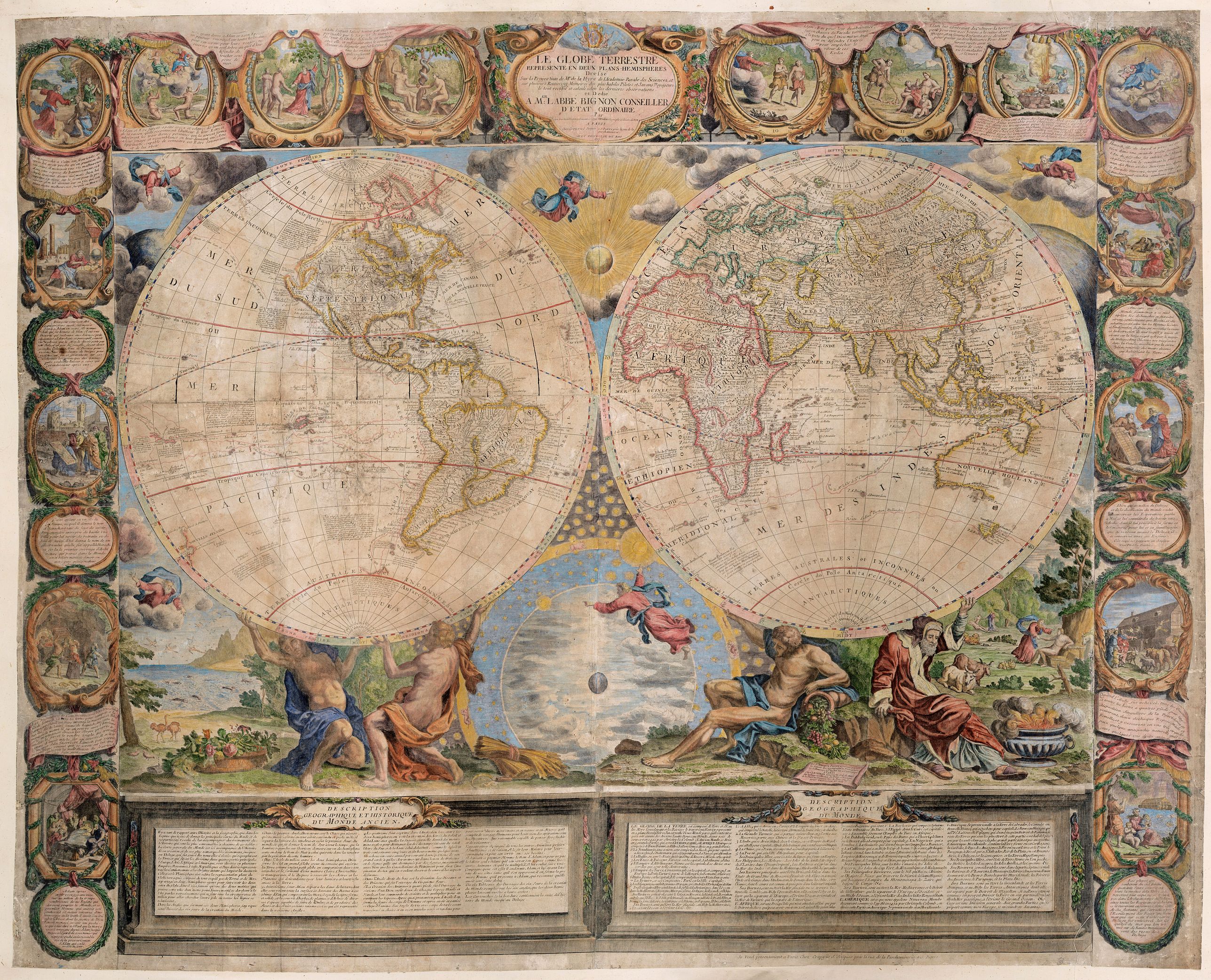 CREPY, J-B. / NOLIN, J.-B., Le Globe Terrestre represente en deux plans-hemispheres dresee. . ., antique map, old maps