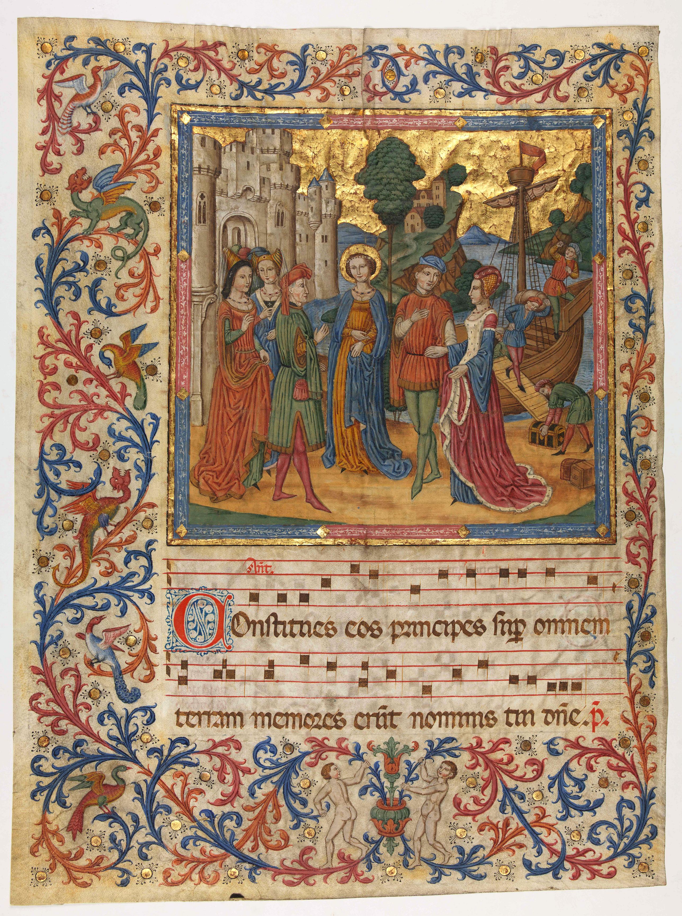 SPANISH FORGER, Vellum leaf with a large miniature showing saint surrounded by noble women in typical medieval dresses., antique map, old maps