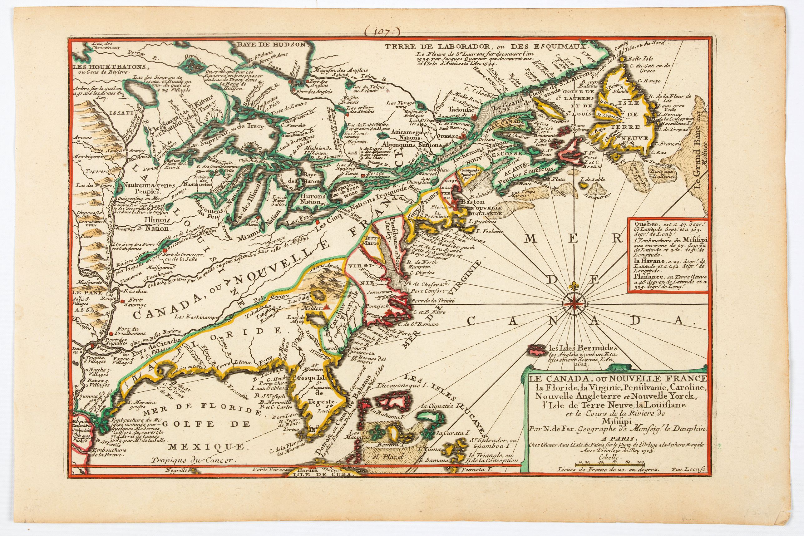 DE FER, N., Le Canada, ou Nouvelle France la Florida, la Virginie, Pensilvanie . . ., antique map, old maps