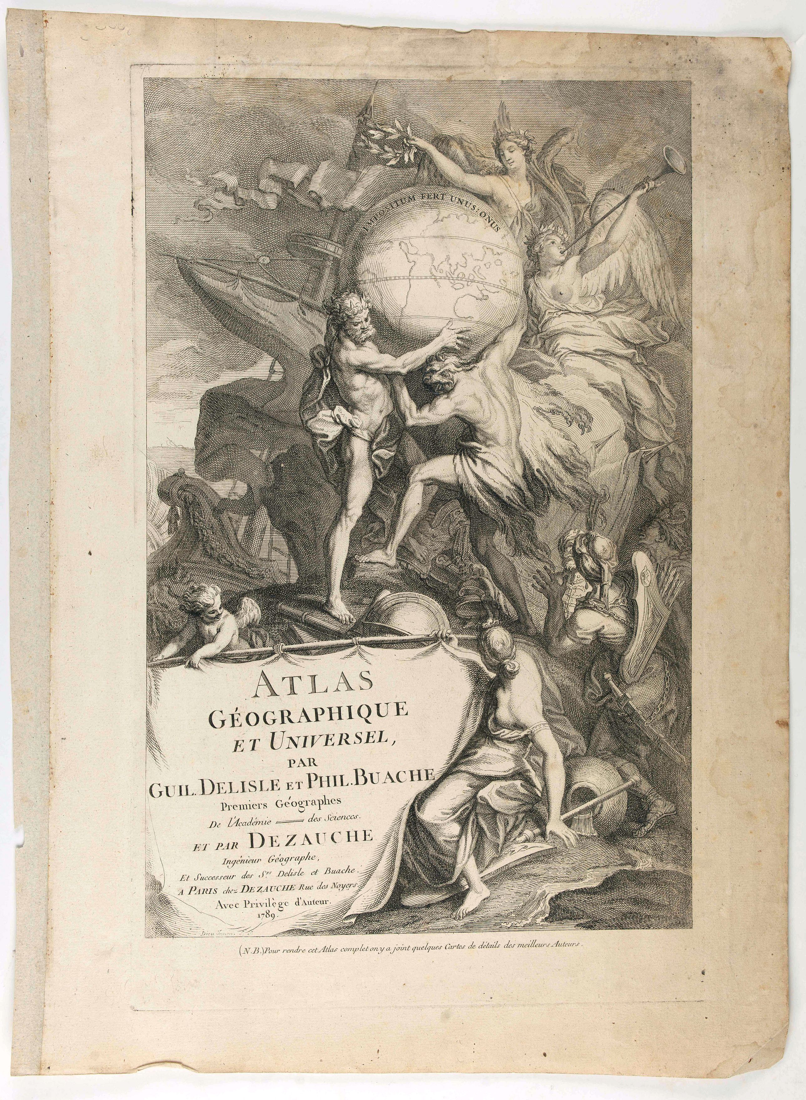 L'ISLE, G. de. / DEZAUCHE, J.A., (Title page) Atlas Géographique et Universel par Guil.DeLisle et Phil. Buache Premiers Géographes De l'Académie des Sciences.., antique map, old maps
