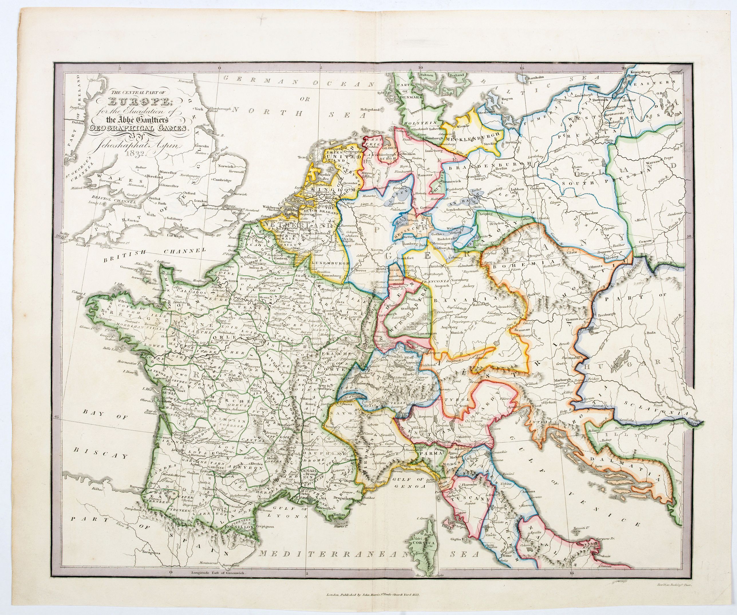 ASPIN, Jehosaphat., The Central Part of Europe for the Elucidation of the Abbe Gaultier's Geographical Games., antique map, old maps