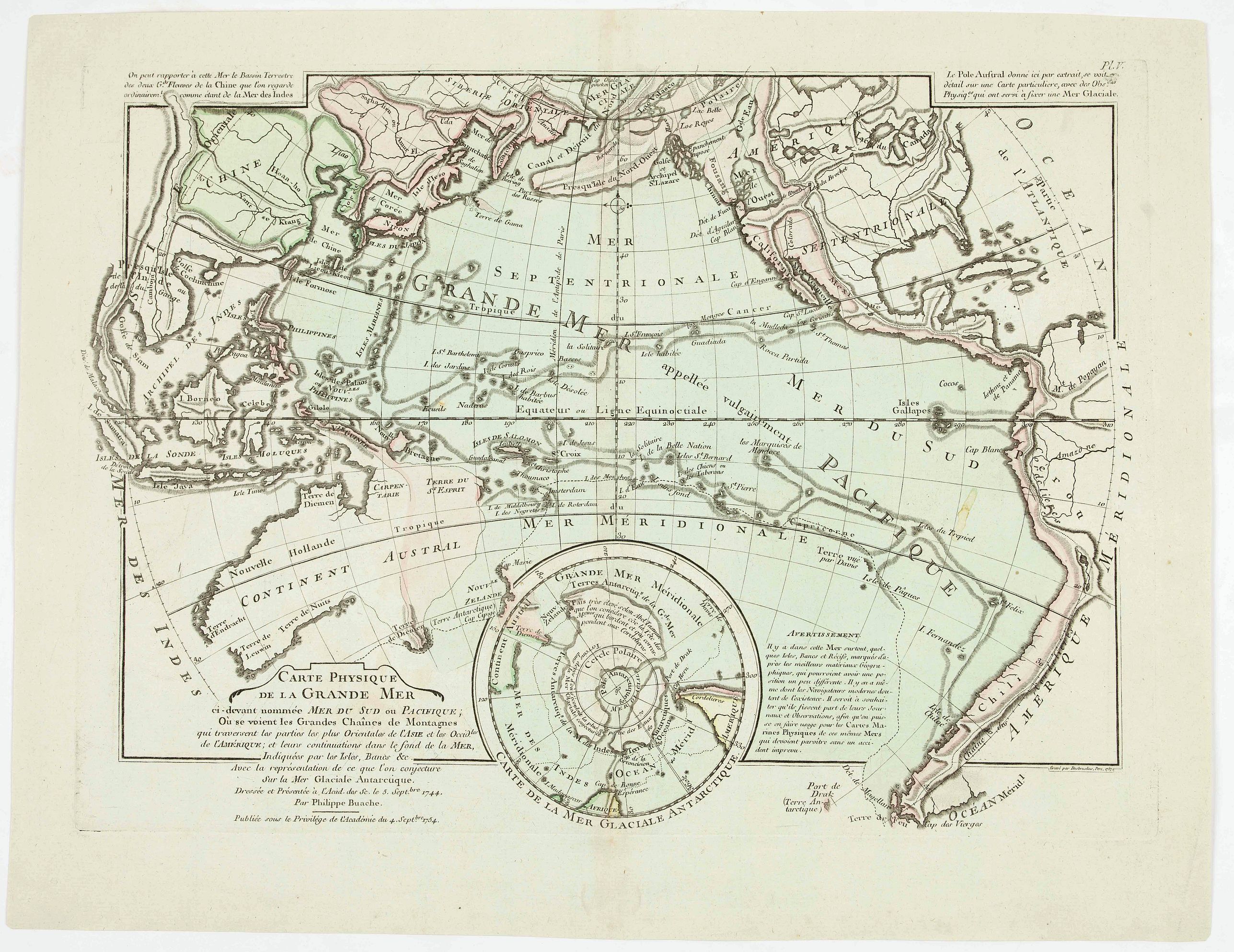 BUACHE, P., Carte physique de la Grande Mer ci-devant nommée Mer du Sud du Pacifique, qui traverse les parties le splus orientales de l'Asie . . ., antique map, old maps