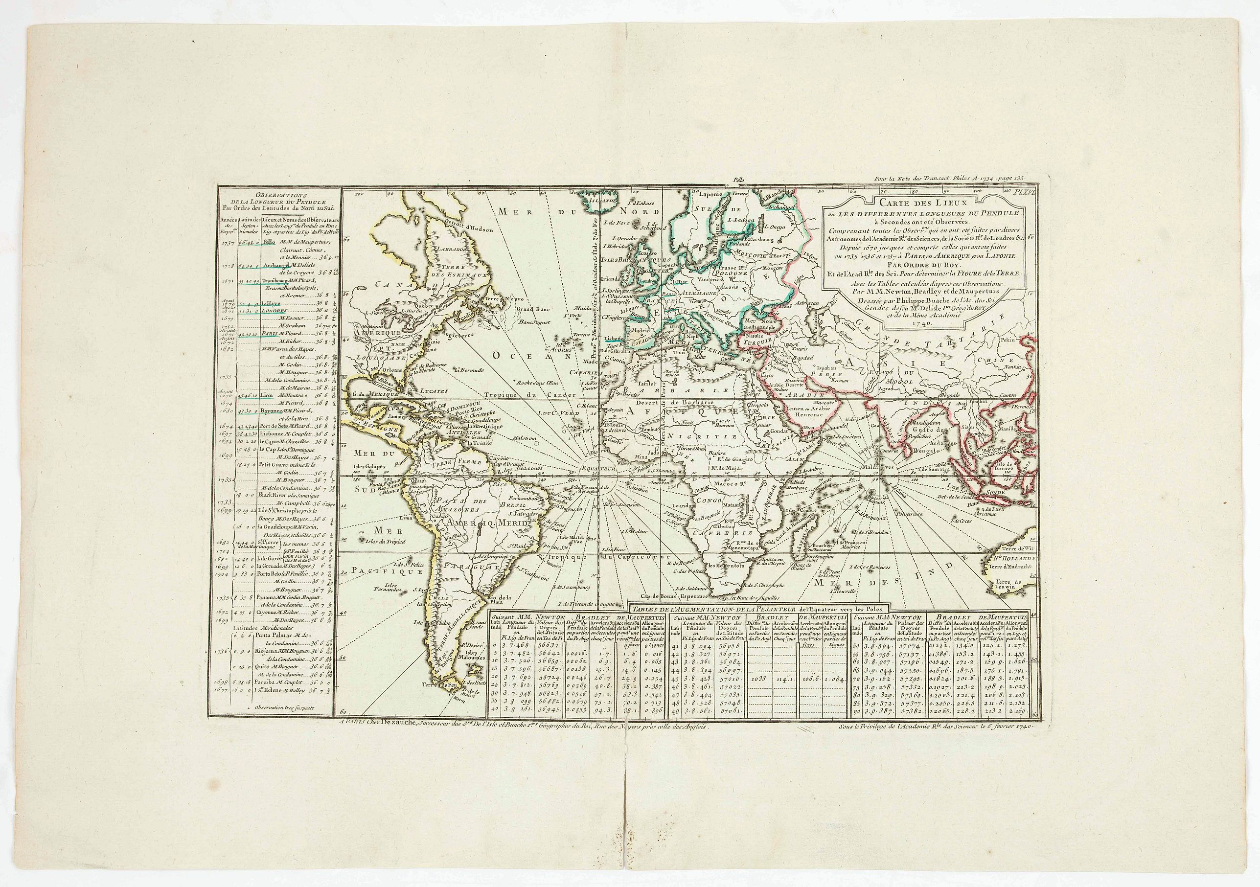 BUACHE, P., Carte des lieux où les différentes longueurs du pendule à secondes ont été observées . . ., antique map, old maps