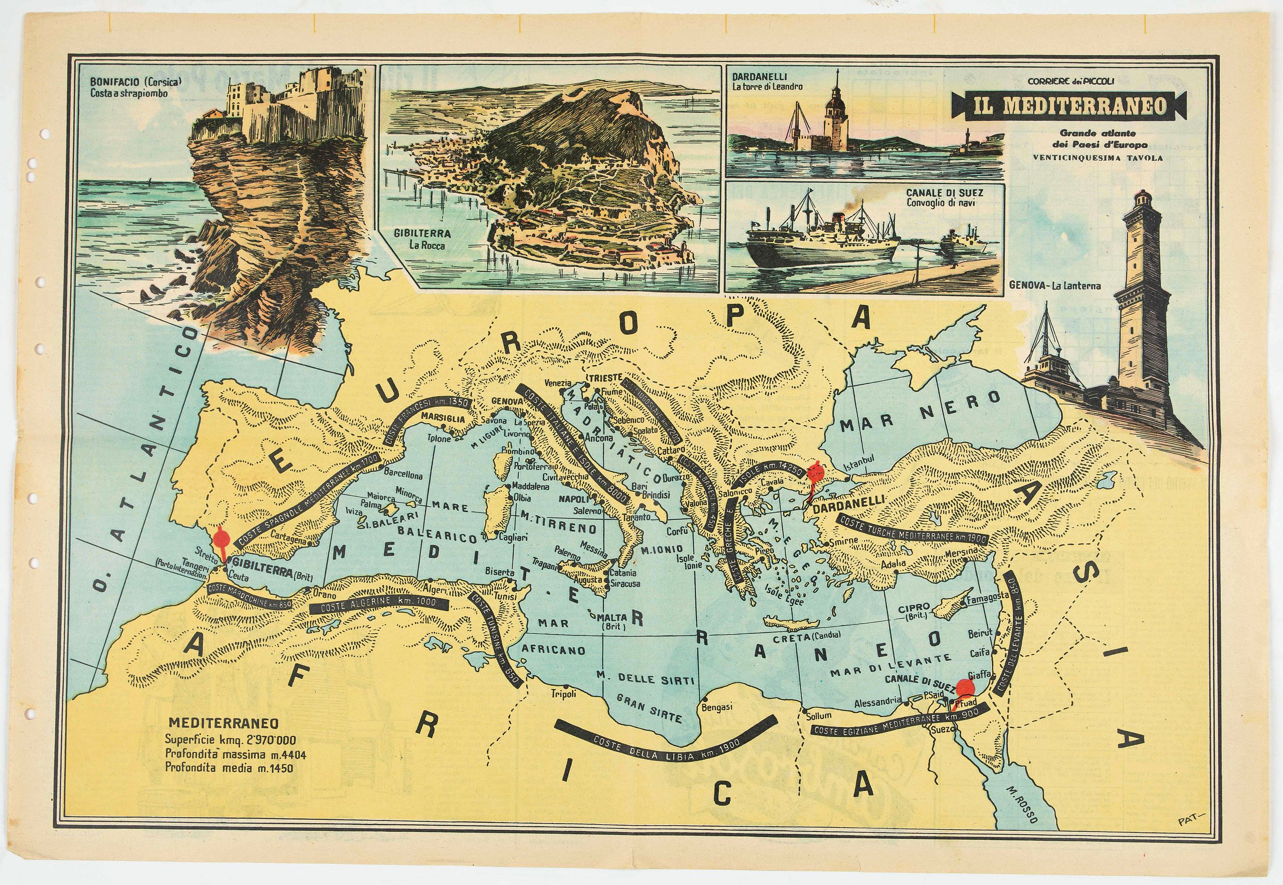 CORRIERE DEI PICCOLI, Il Mediterraneo Grande Atlante dei Paesi d'Europa., antique map, old maps