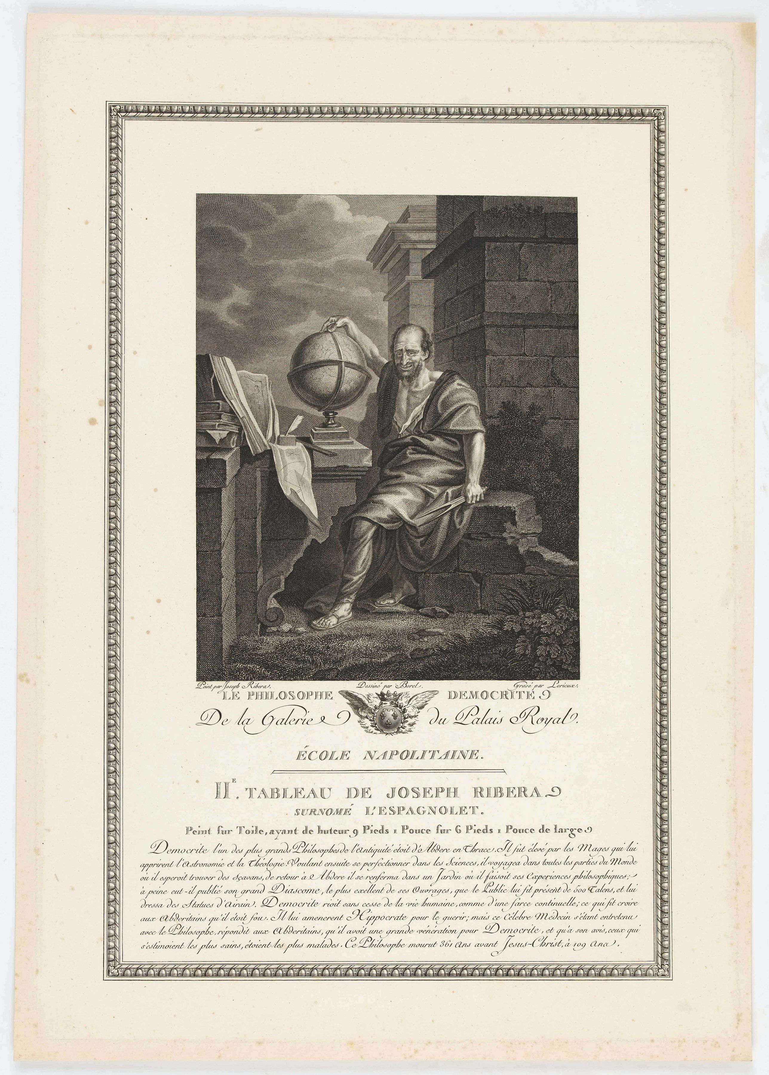 RIBERA, J., Le Philosophe Democrite., antique map, old maps