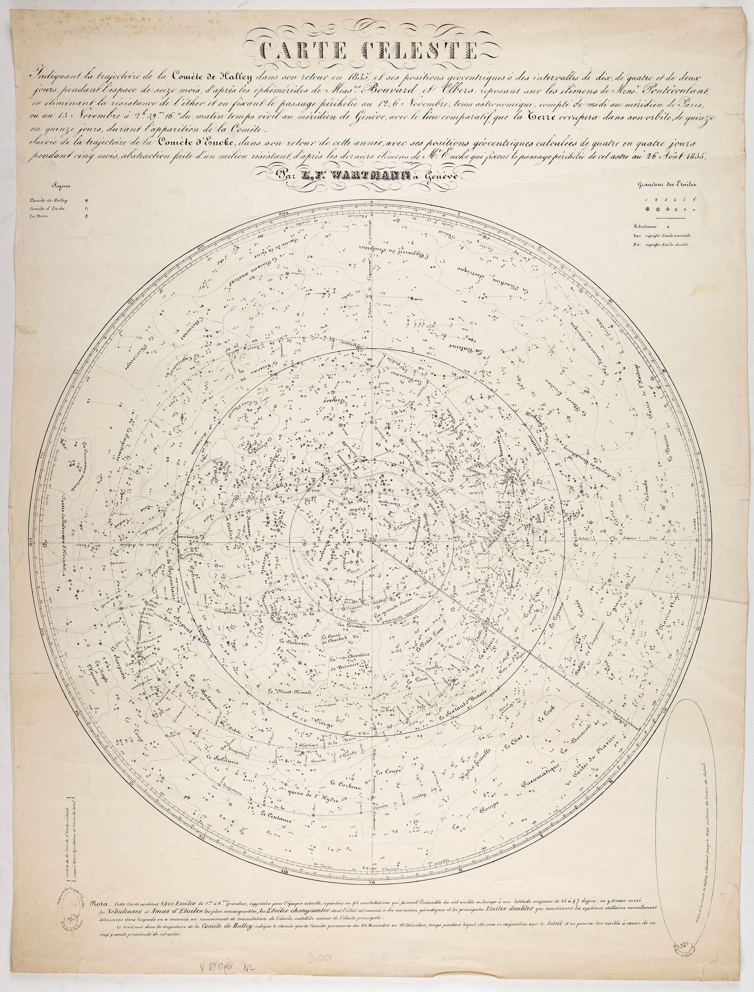 WARTMANN, L.F., Carte Celeste Indiquant la trajectoire de la Comete de Halley dans son retour in 835, et ses positions geocentriques a des intervvalles de dix, de quatre et de deux jours, pendant l’espace de seize mois . . ., antique map, old maps