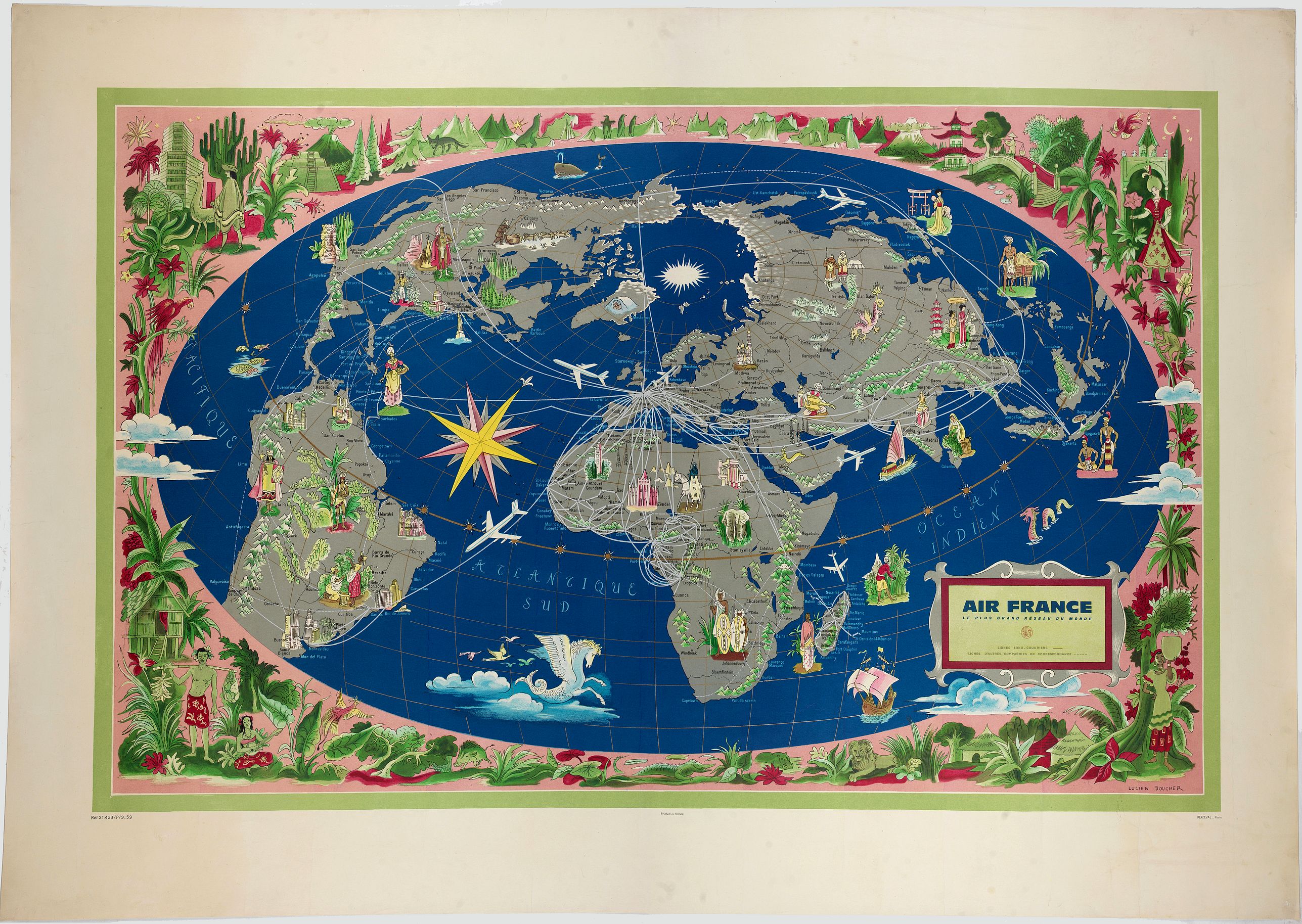 BOUCHER, L., AIR France - Le plus grand réseau du monde., antique map, old maps