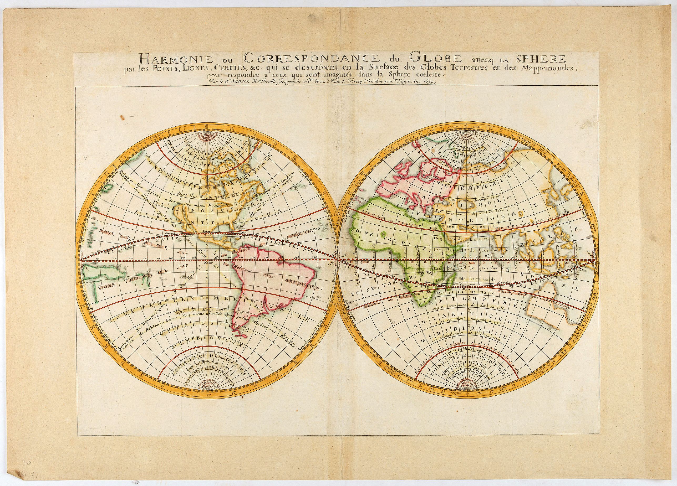 SANSON, N., Harmonie ou Correspondance du Globe avecq la Sphere par les Points, Lignes, Cercles, &c. qui se descrivent en la surface des Globes Terrestres et des Mappemondes, pour respondre a ceux qui sont imaginés dans la Sphere Cœleste., antique map, old maps