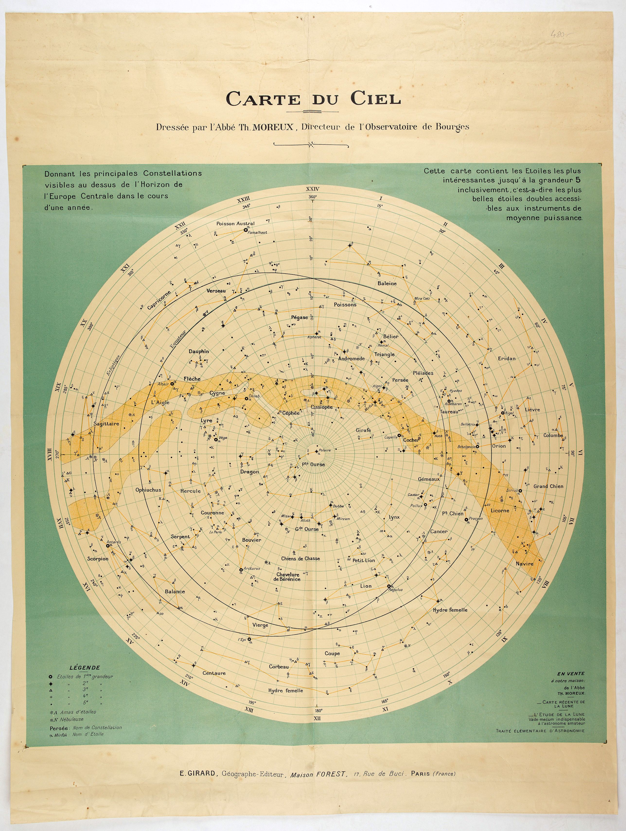 MOREUX, T., Carte du Ciel Dressée par l'Abbé Th. Moreux, Directeur de l'Observatoire de Bourges., antique map, old maps