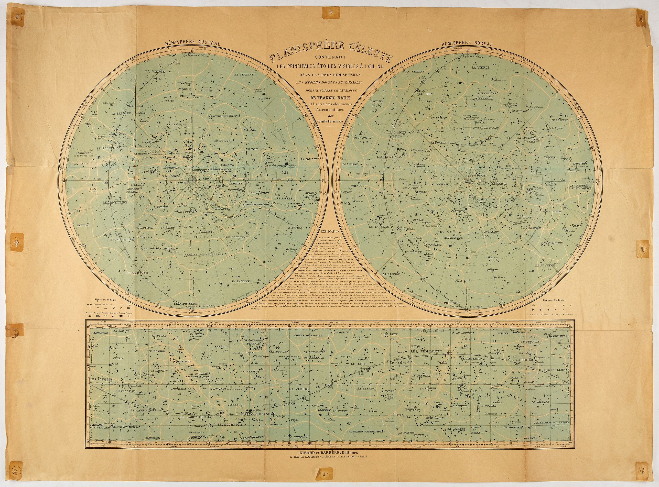 GIRARD ET BARRERE, Planisphère céleste contenant les principales étoiles visibles à l'œil nu dans les deux hémisphères . . ., antique map, old maps