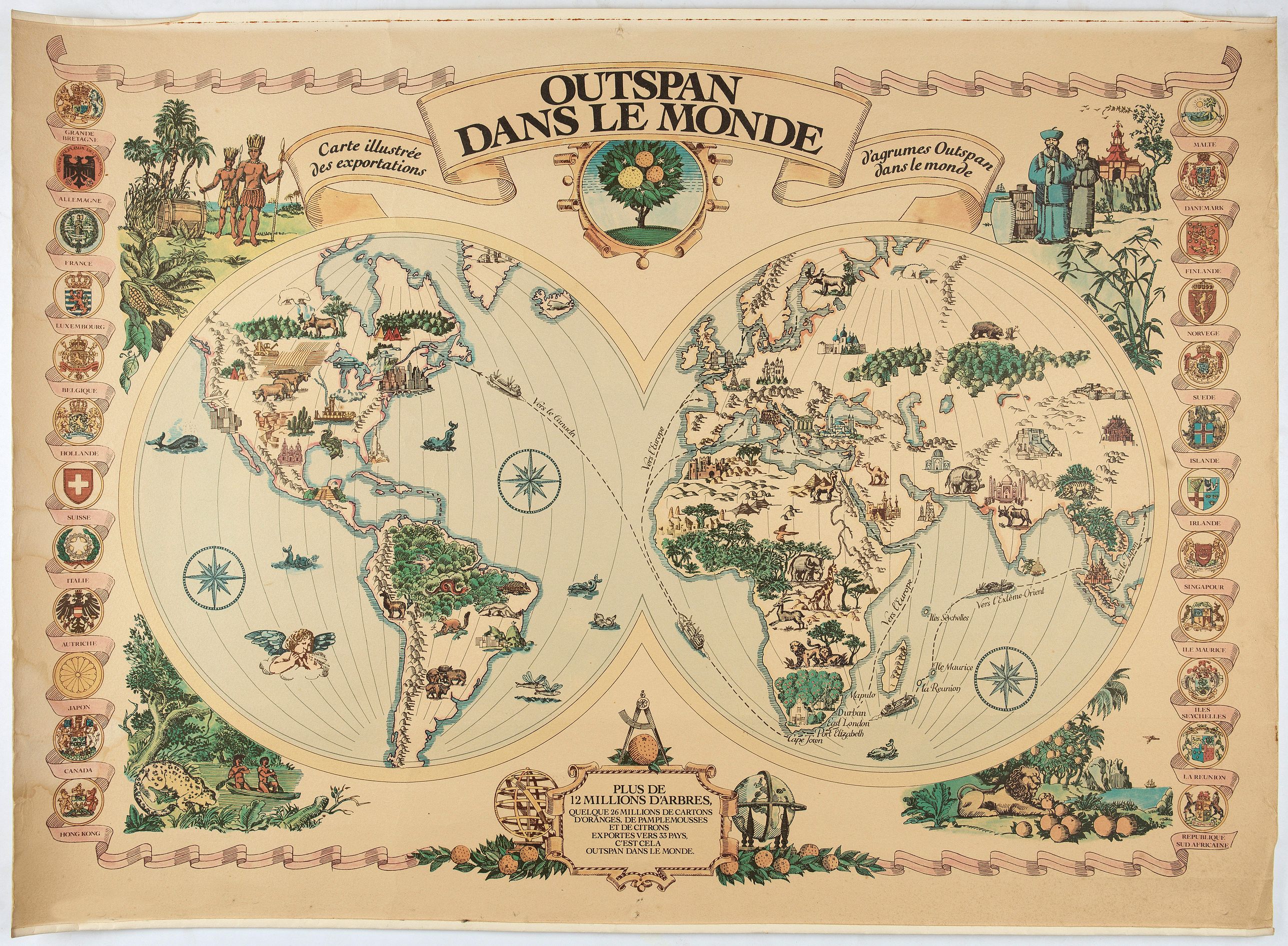 GIRARD ET BARRERE, Outspan dans le monde. Carte illustrée des exportations d'agrumes Outspan dans le monde., antique map, old maps