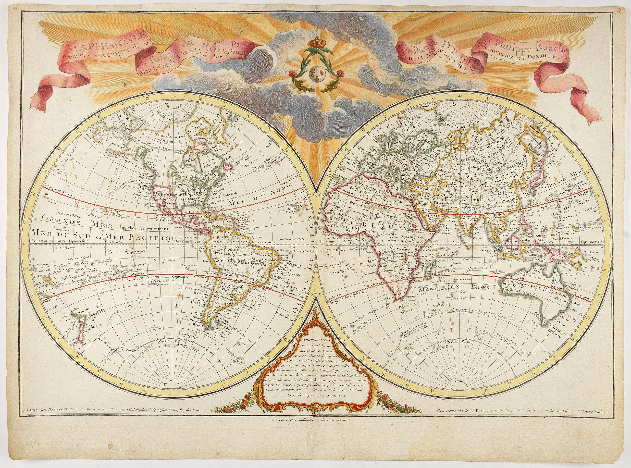 L'ISLE, G. de. / BUACHE, P./ DEZAUCHE, J.A., Mappemonde a l'usage de l'instr.on. Par Guillaume Delisle et Philippe Buache., antique map, old maps