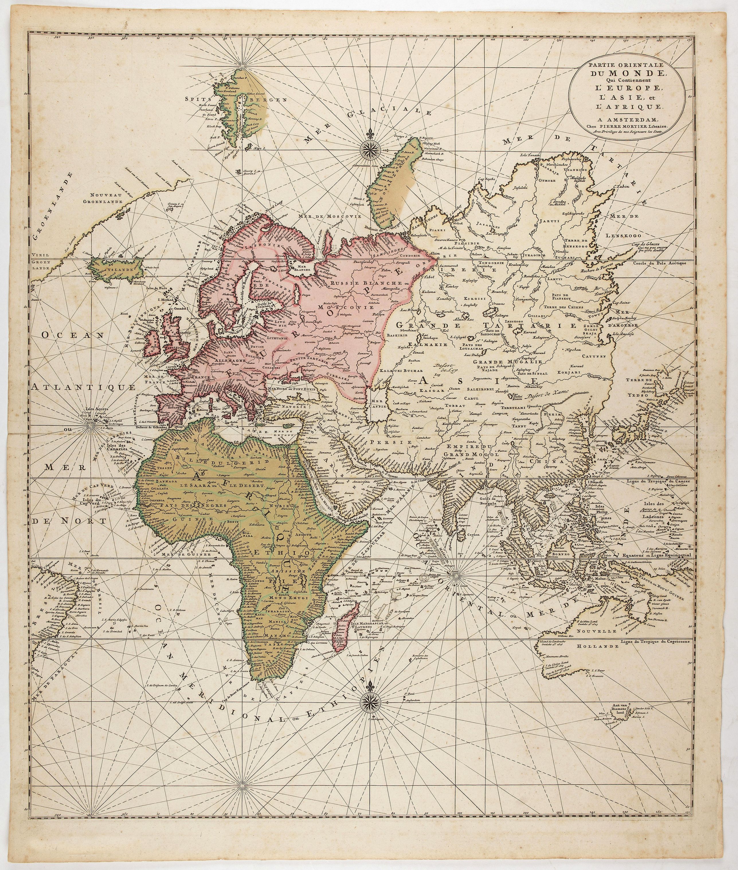 MORTIER, P., Partie orientale du monde qui contiennent l'Europe, l'Asie, et Afrique., antique map, old maps