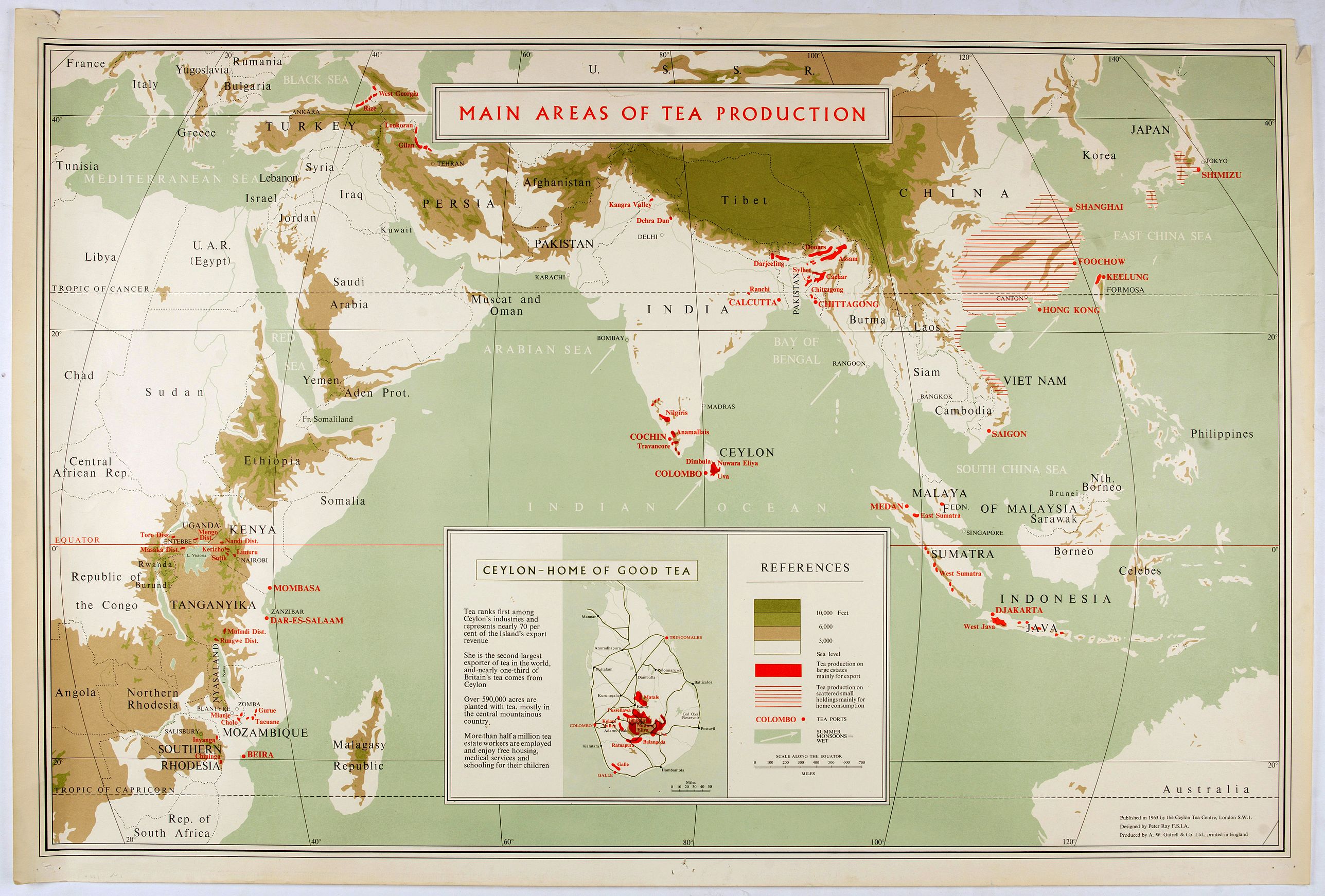 A. W. GATRELL & CO LTD, Main areas of tea production., antique map, old maps